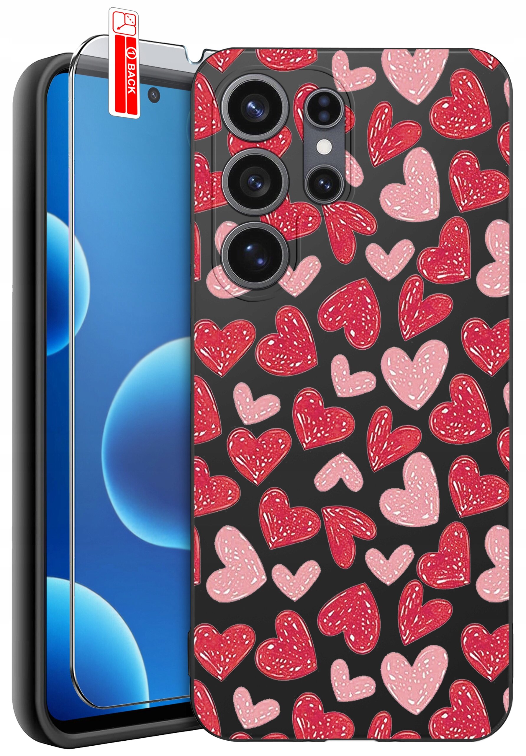 Etui na telefon z wzorem czerwonych i różowych serc na czarnym tle, obok którego znajduje się szkło ochronne z napisem \'BACK\'.