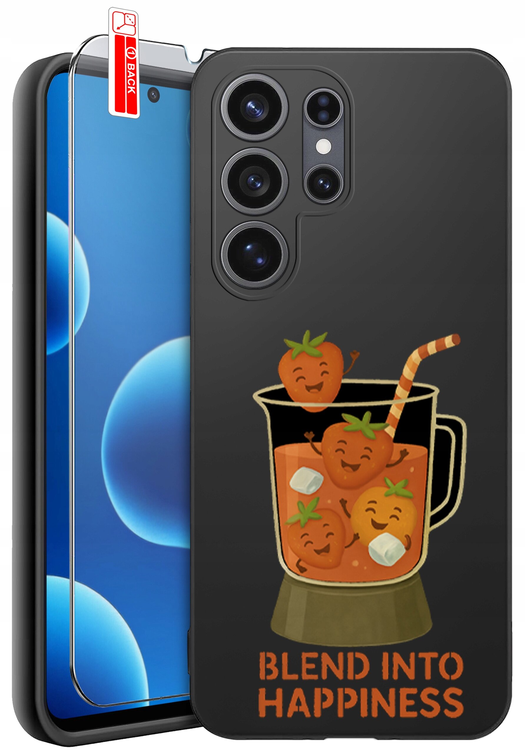 Czarne etui na telefon z grafiką przedstawiającą uśmiechnięte truskawki w blenderze oraz napis \'BLEND INTO HAPPINESS\'. Obok etui znajduje się szkło ochronne z oznaczeniem \'BACK\'.