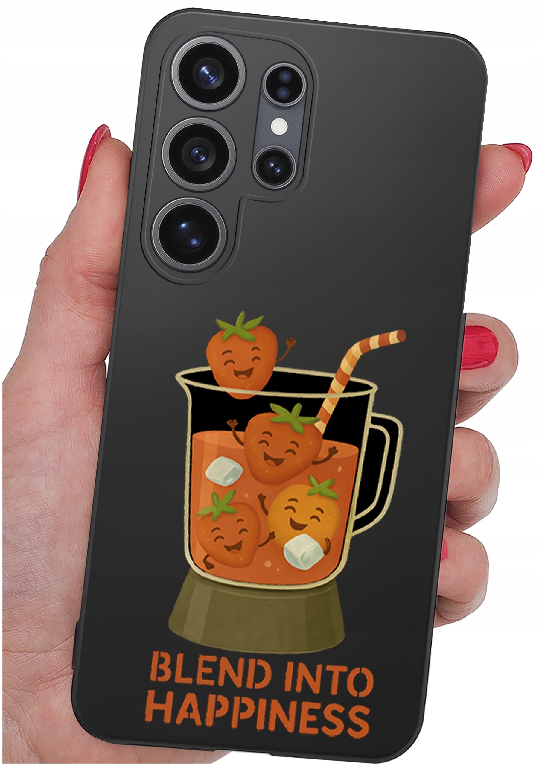 Czarne etui na telefon z grafiką przedstawiającą uśmiechnięte truskawki w blenderze oraz napis \'BLEND INTO HAPPINESS\'.