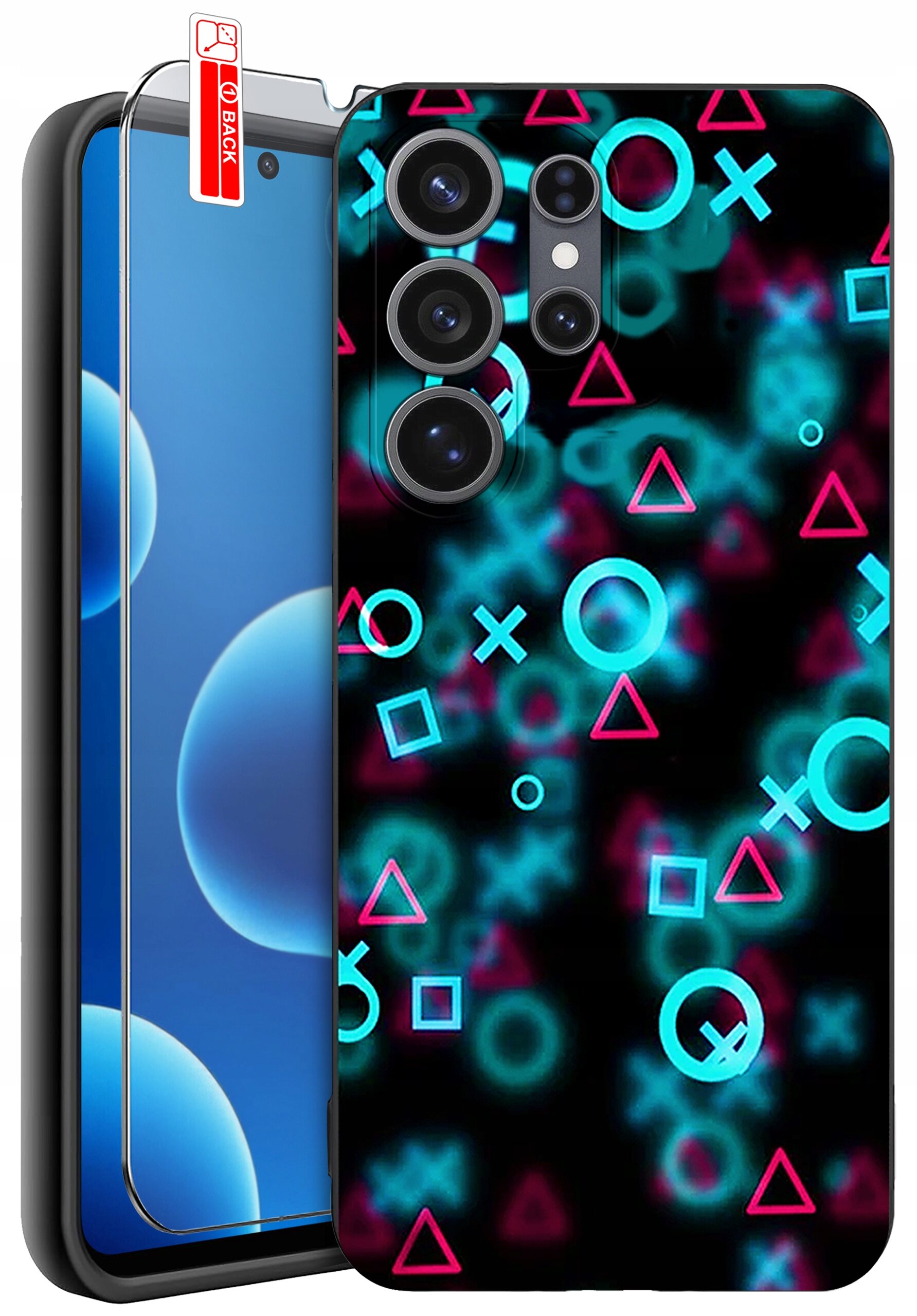 Obraz przedstawia etui na telefon z kolorowymi symbolami geometrycznymi na czarnym tle oraz szkło ochronne z napisem \'BACK\'.