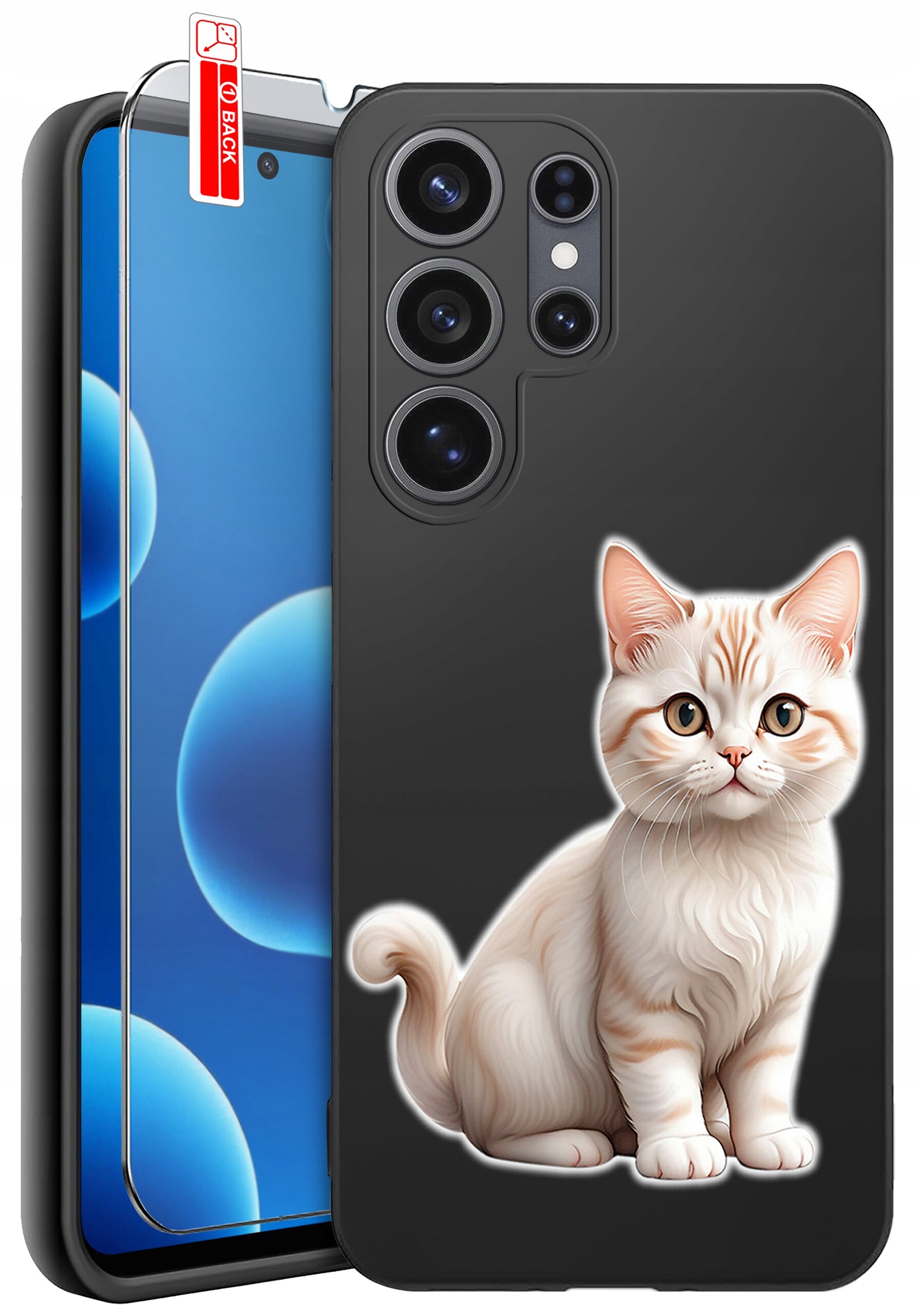 Czarne etui na telefon z nadrukiem białego kota oraz przezroczyste szkło ochronne z napisem \'BACK\'.