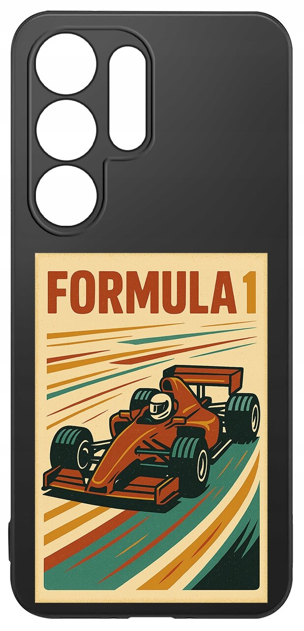 Czarne etui na telefon z grafiką przedstawiającą czerwony bolid wyścigowy i napis \'FORMULA 1\'.
