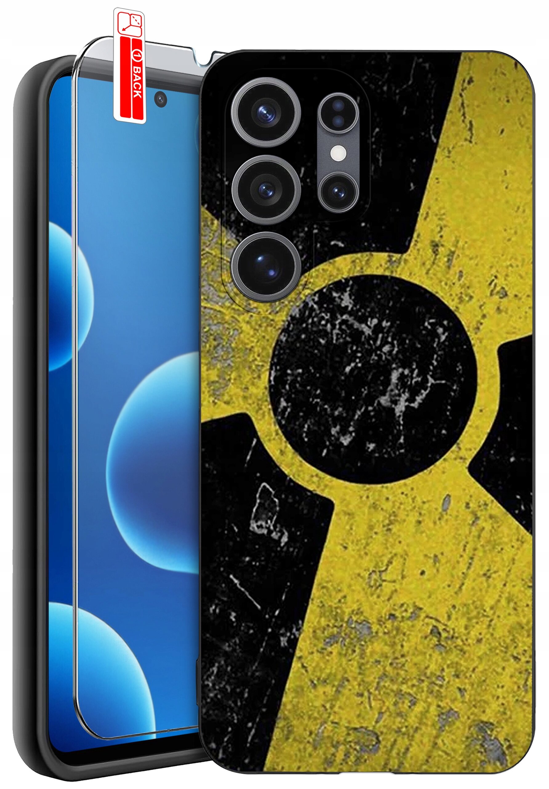 Obraz przedstawia etui na telefon z wzorem przypominającym symbol radioaktywności w kolorach żółtym i czarnym. Obok etui znajduje się szkło ochronne z napisem \'BACK\'.