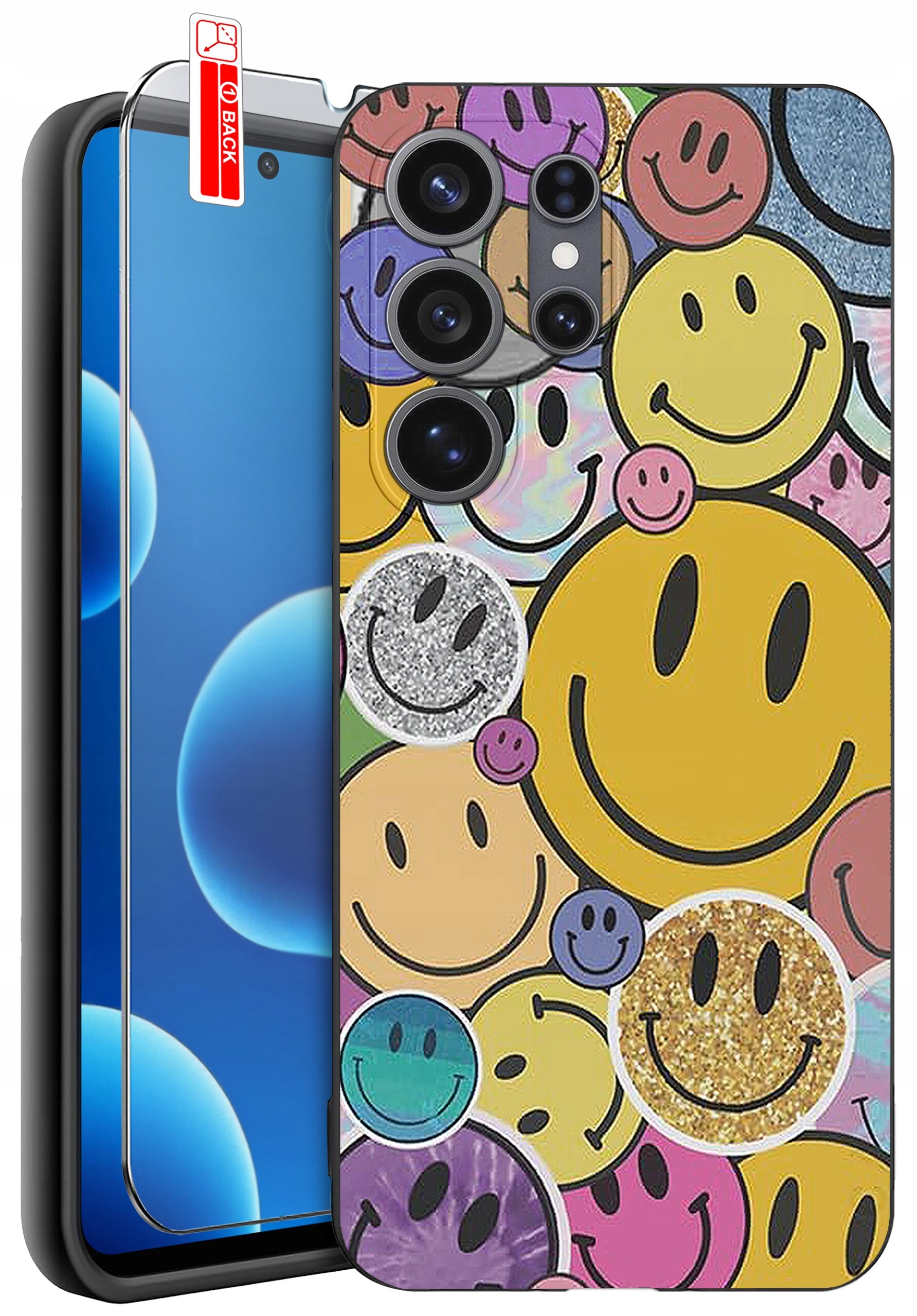 Etui na telefon z kolorowymi wzorami uśmiechniętych buziek oraz szkło ochronne z napisem \'BACK\'.