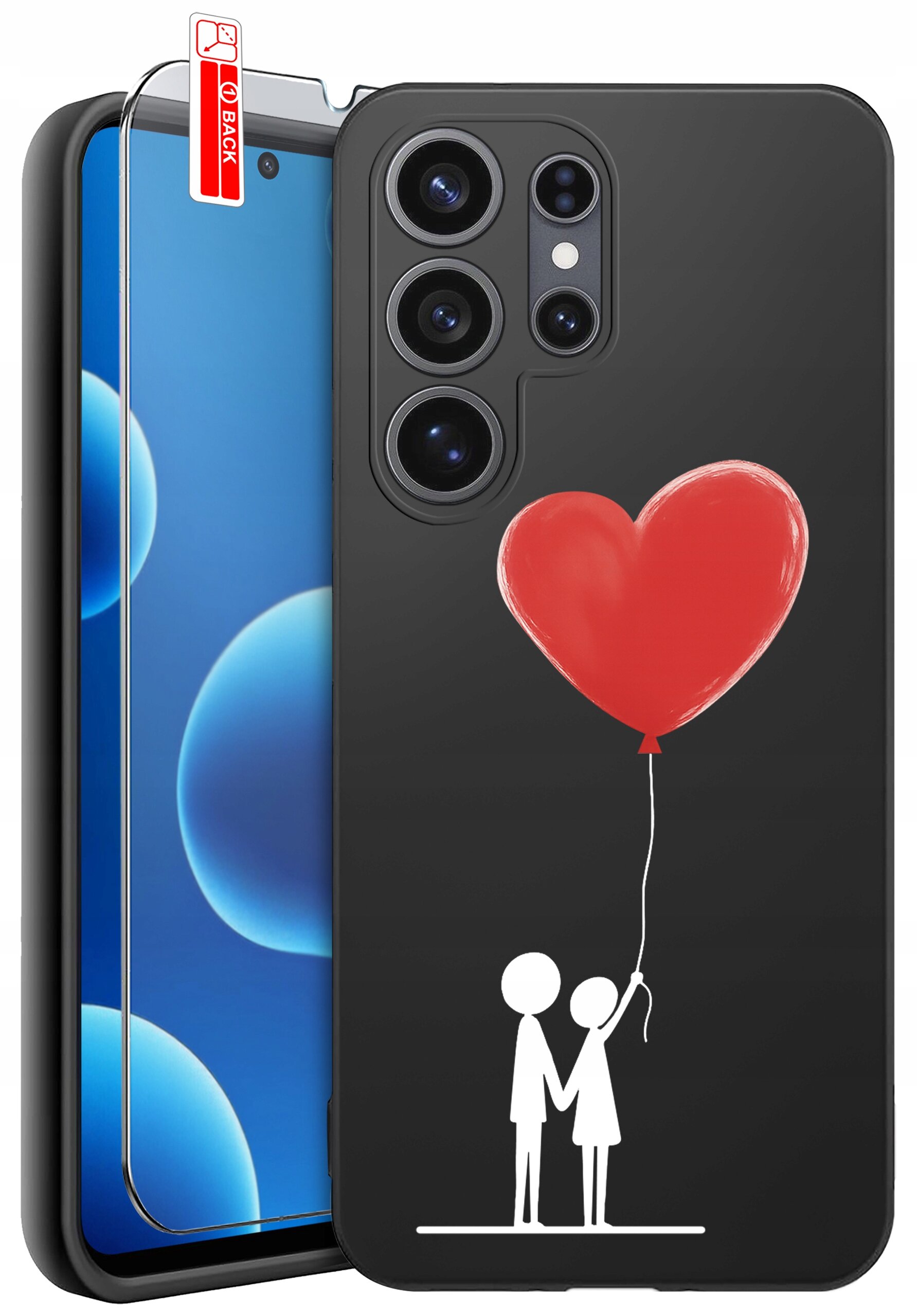 Czarne etui na telefon z nadrukiem dwóch postaci trzymających czerwony balon w kształcie serca. Obok znajduje się szkło ochronne z oznaczeniem \'BACK\'.