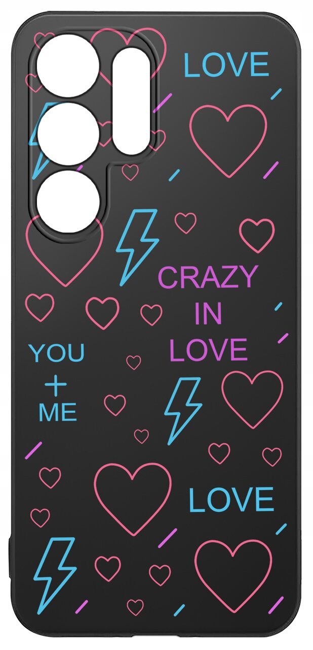 Czarne etui z kolorowymi wzorami serc, piorunów i napisami: \'LOVE\', \'CRAZY IN LOVE\', \'YOU + ME\'.