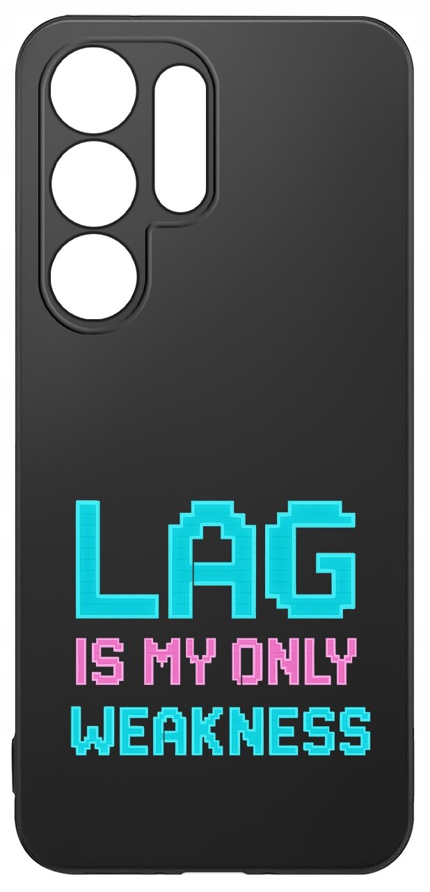 Czarne etui na telefon z wycięciami na aparat i napisem \'LAG IS MY ONLY WEAKNESS\' w kolorach niebieskim i różowym.