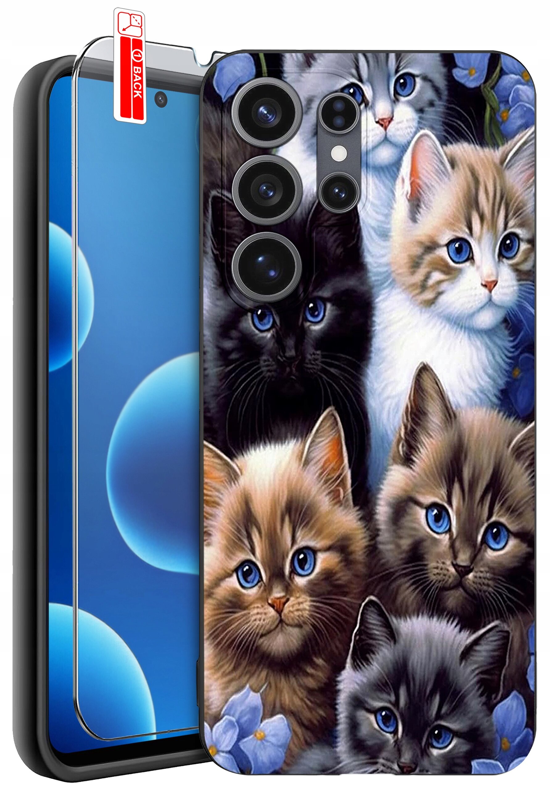 Etui na telefon z wzorem przedstawiającym kilka kolorowych kotów z niebieskimi oczami. Obok etui znajduje się szkło ochronne z etykietą \'BACK\'.