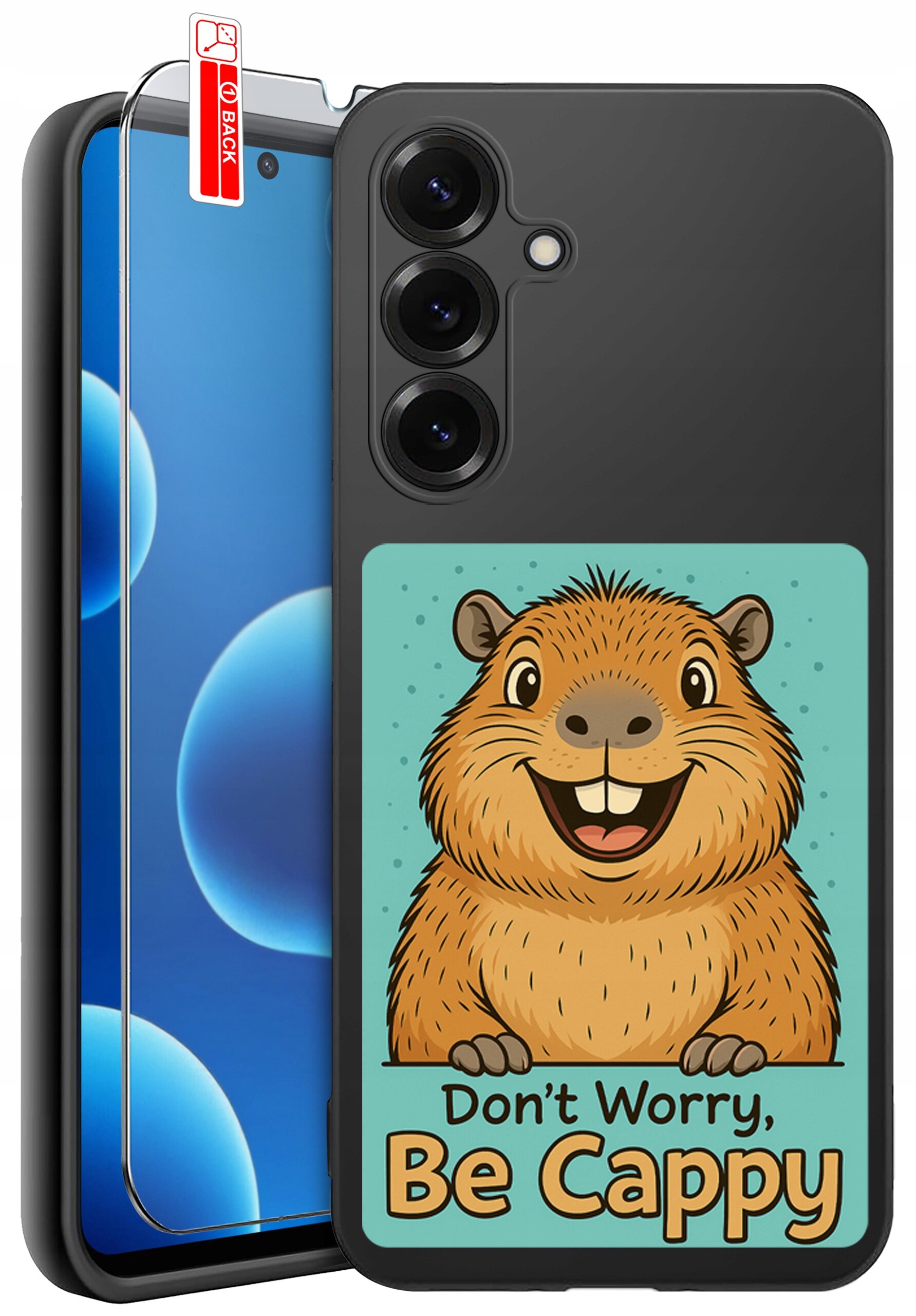Etui na telefon z grafiką uśmiechniętej kapibary i napisem \'Don\'t Worry, Be Cappy\'. Obok etui znajduje się szkło ochronne z oznaczeniem \'BACK\'.