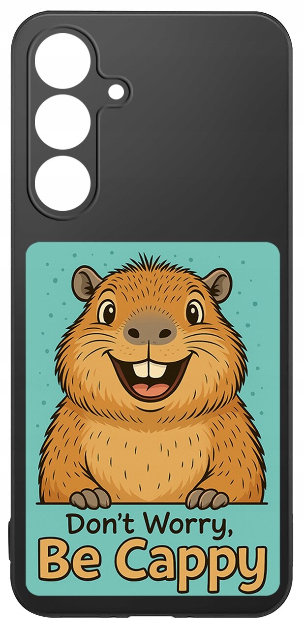 Etui na telefon z grafiką uśmiechniętej kapibary na niebieskim tle oraz napisem \'Don\'t Worry, Be Cappy\'.