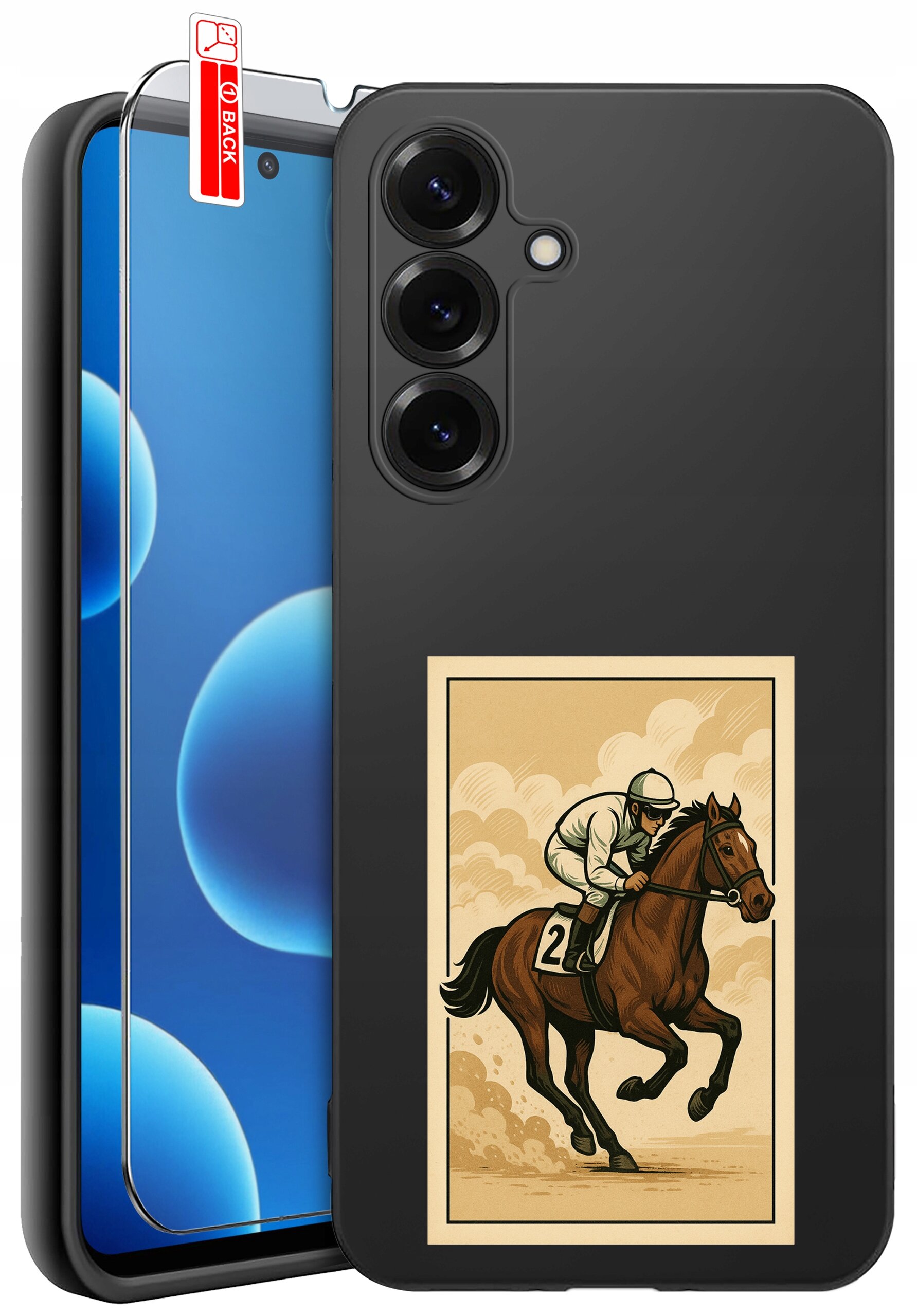Obraz przedstawia czarne etui na telefon z nadrukiem jeźdźca na koniu oraz szkło ochronne z napisem \'BACK\'.