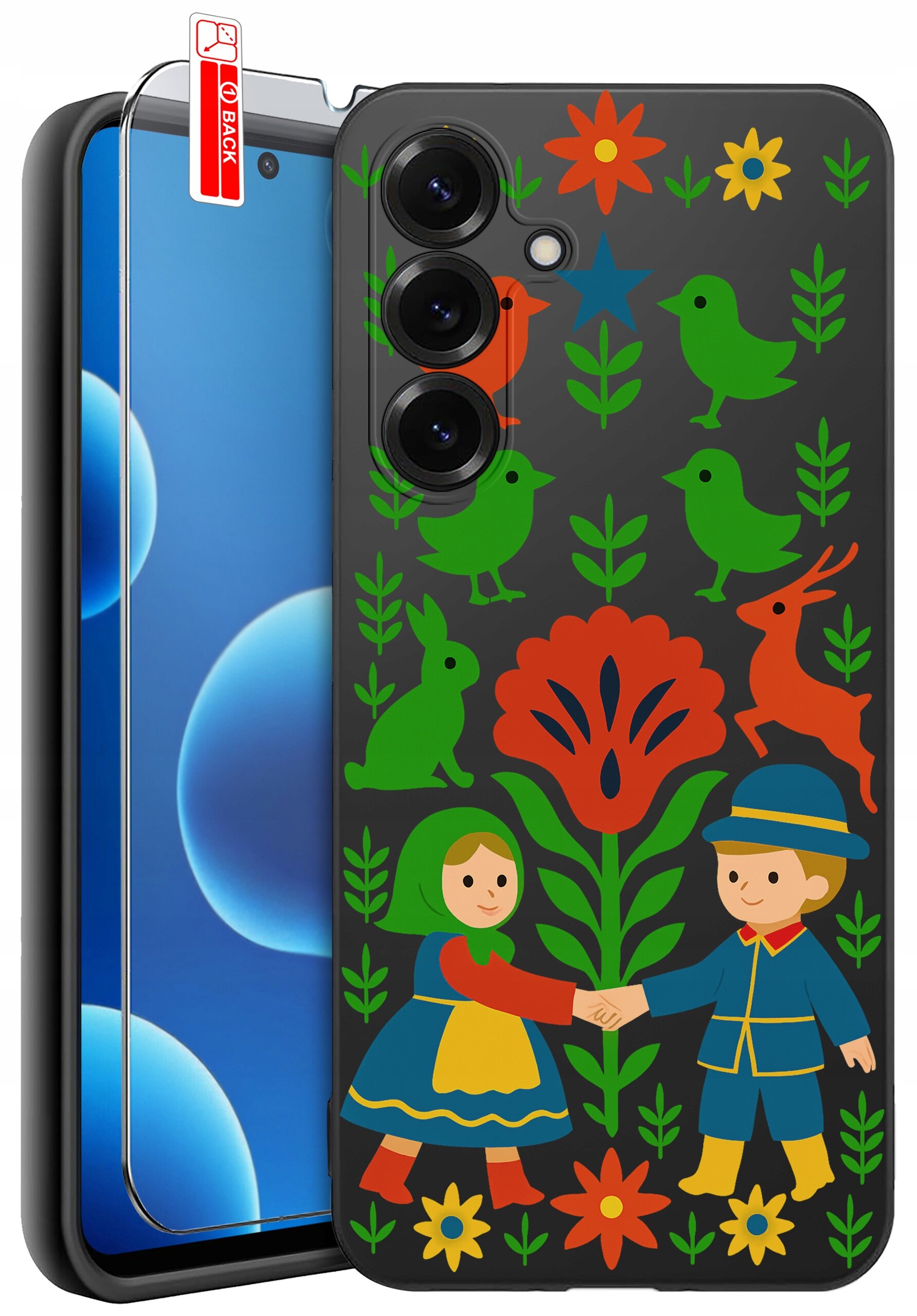 Etui na telefon z kolorowym wzorem przedstawiającym postacie, kwiaty i zwierzęta na ciemnym tle. Na ekranie telefonu widoczna jest naklejka z napisem \'BACK\'.