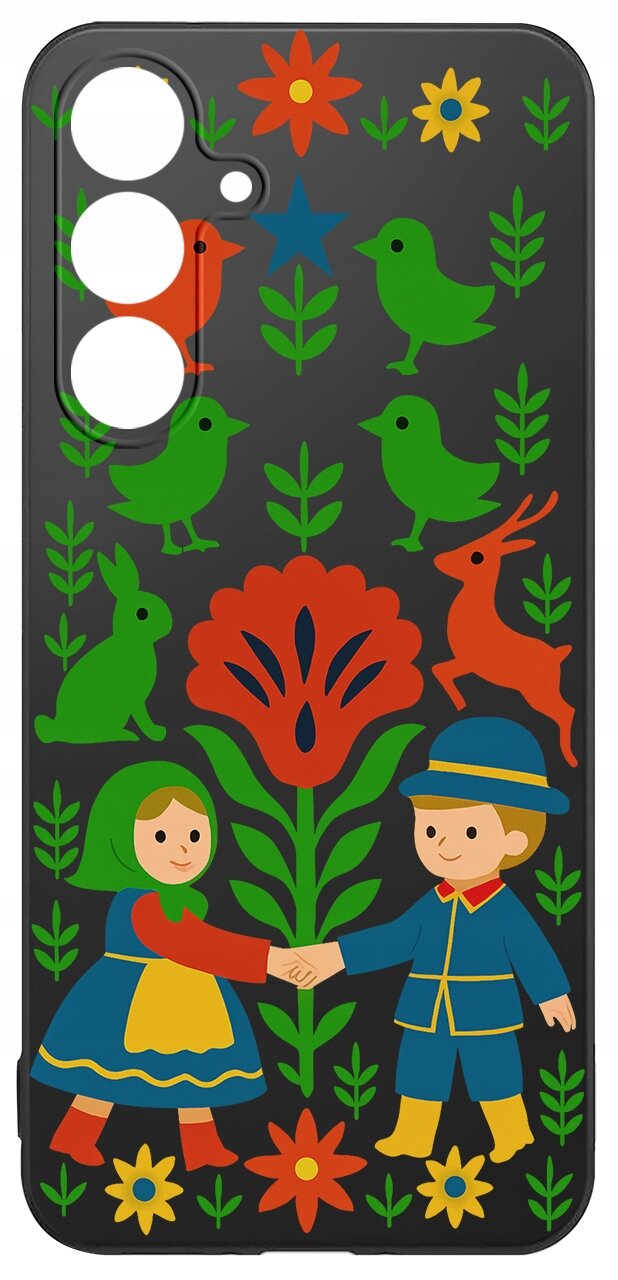 Etui na telefon z kolorowym wzorem przedstawiającym postacie w tradycyjnych strojach, otoczone kwiatami, ptakami i zwierzętami na czarnym tle.