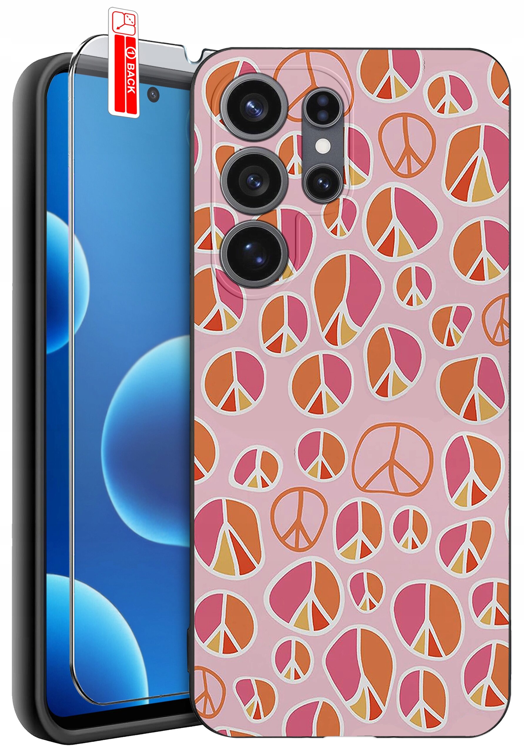 Etui na telefon z różowym wzorem symboli pokoju w odcieniach pomarańczowego i różowego. Obok znajduje się szkło ochronne z napisem \'BACK\'.