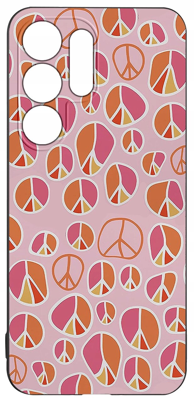 Etui na telefon z wzorem w kolorowe symbole pokoju na różowym tle, z wycięciami na aparat i przyciski.