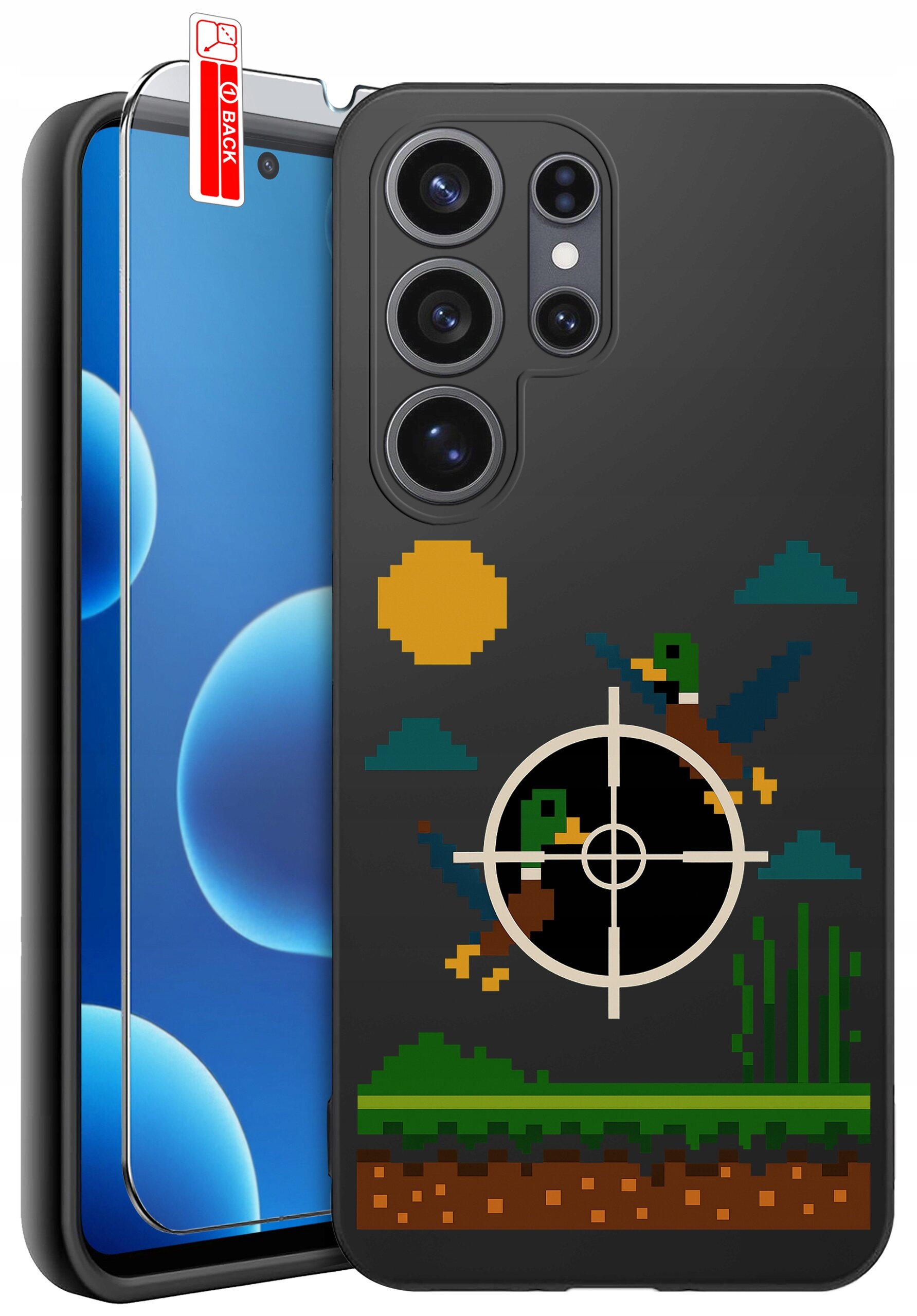 Etui na telefon z grafiką pikselowych kaczek i celownikiem, wykonane z czarnego silikonu. Obok znajduje się szkło ochronne z napisem \'BACK\'.