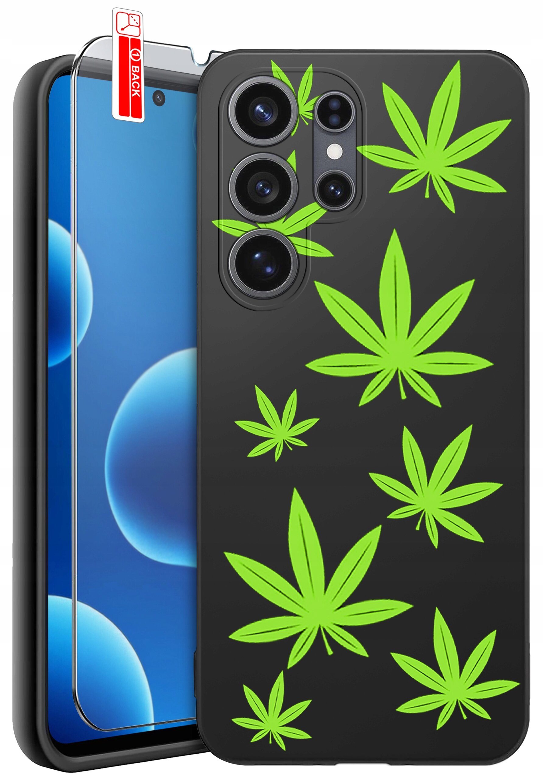 Czarne etui na telefon z zielonymi wzorami liści oraz szkło ochronne z oznaczeniem \'BACK\'.