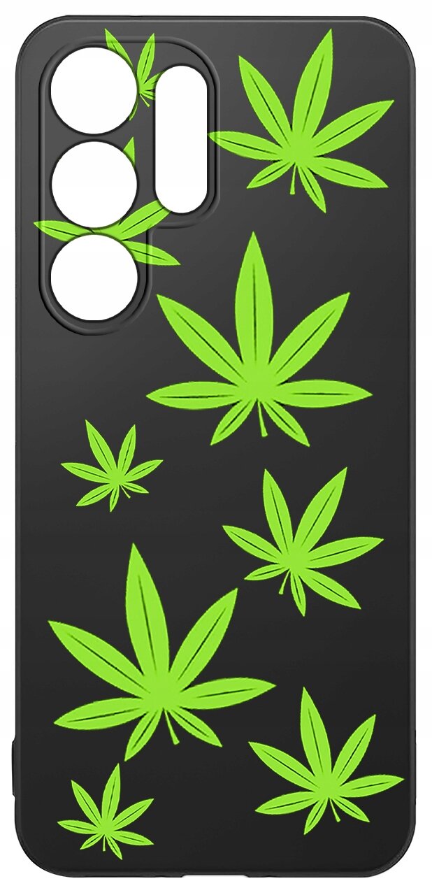 Czarne etui na telefon z zielonymi wzorami liści. Etui posiada wycięcia na aparat i przyciski.