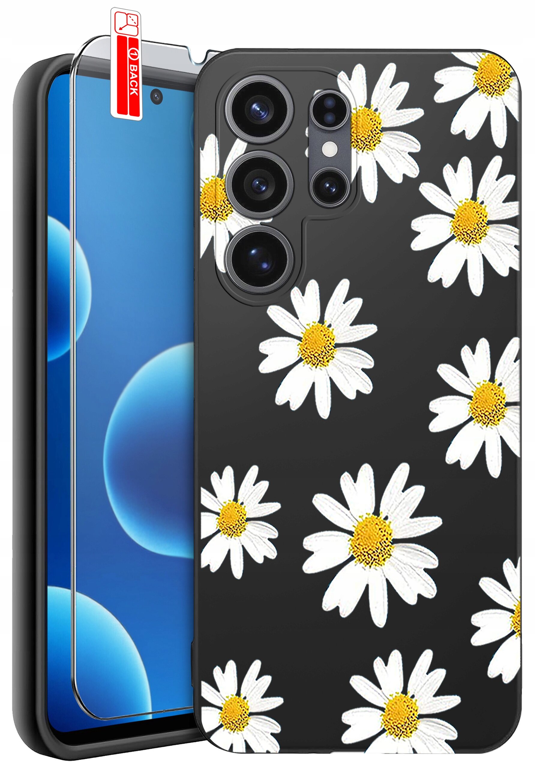 Etui na telefon z czarnym tłem ozdobione białymi kwiatami z żółtymi środkami. Obok znajduje się szkło ochronne z napisem \'BACK\'.