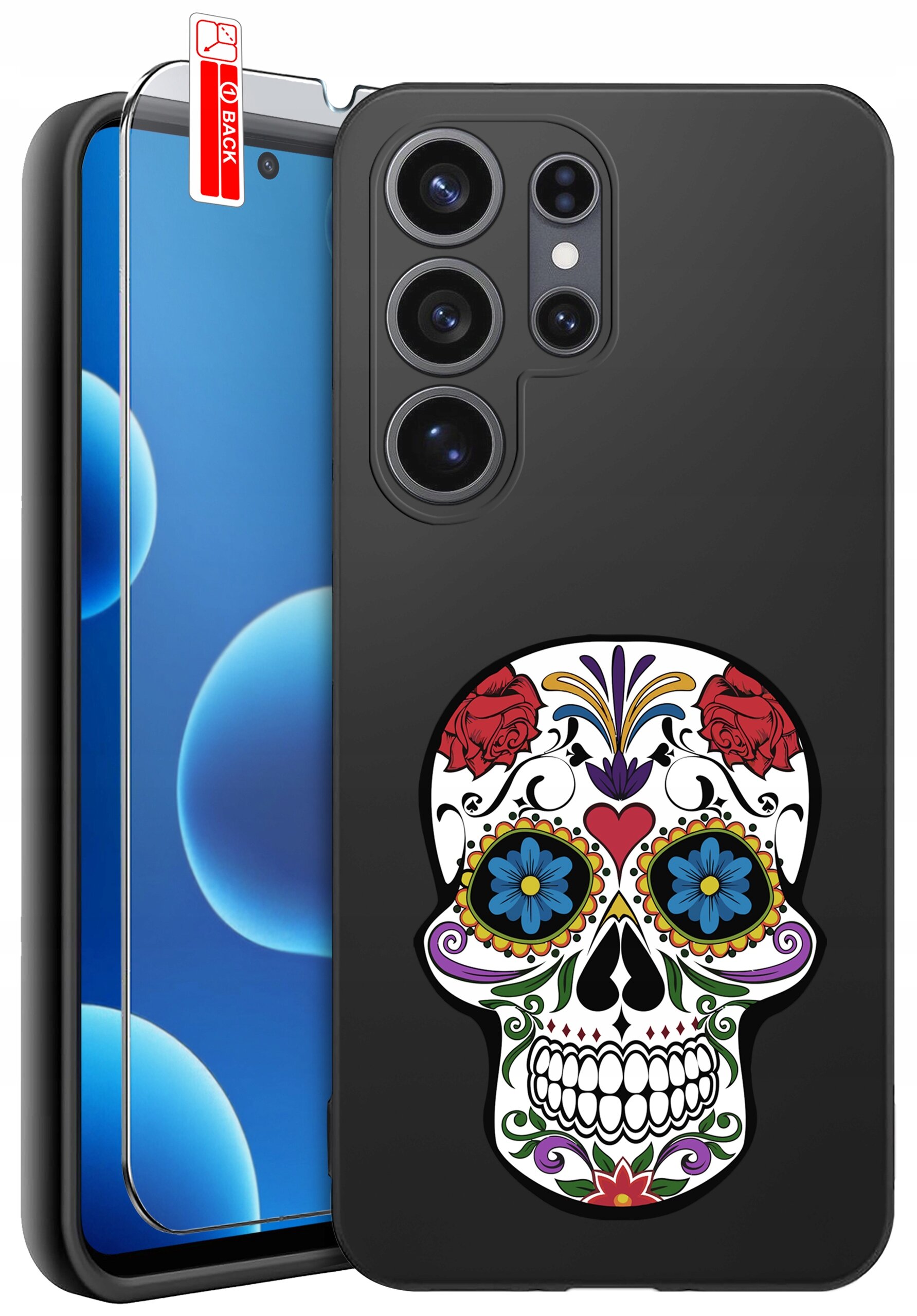 Czarne etui na telefon z kolorowym wzorem czaszki ozdobionej kwiatami i ornamentami. Obok znajduje się szkło ochronne z oznaczeniem \'BACK\'.