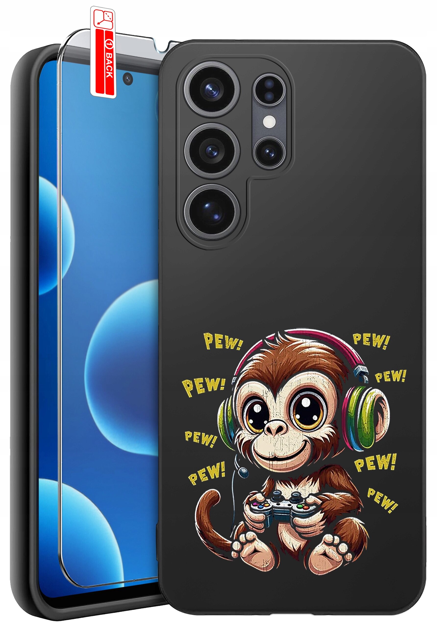 Czarne etui na telefon z nadrukiem małpki w słuchawkach trzymającej kontroler do gier, otoczonej napisami \'PEW!\'. Obok etui znajduje się szkło ochronne z oznaczeniem \'BACK\'.