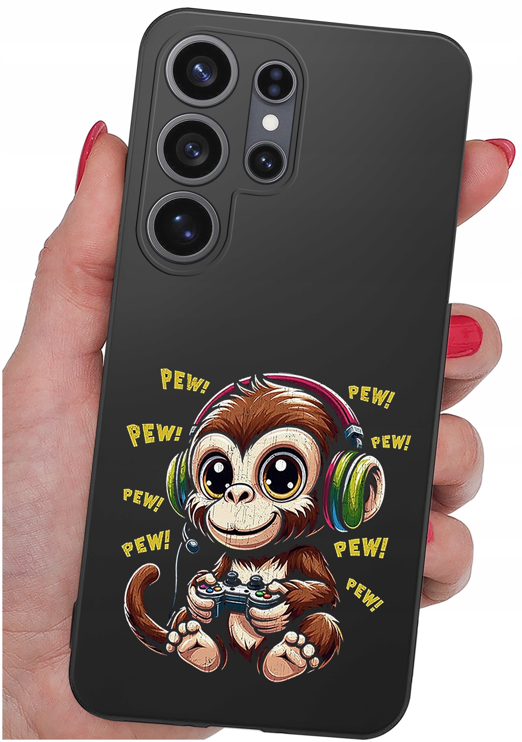 Czarne etui na telefon z grafiką małpki w słuchawkach trzymającej kontroler do gier, otoczonej napisami \'PEW!\'.