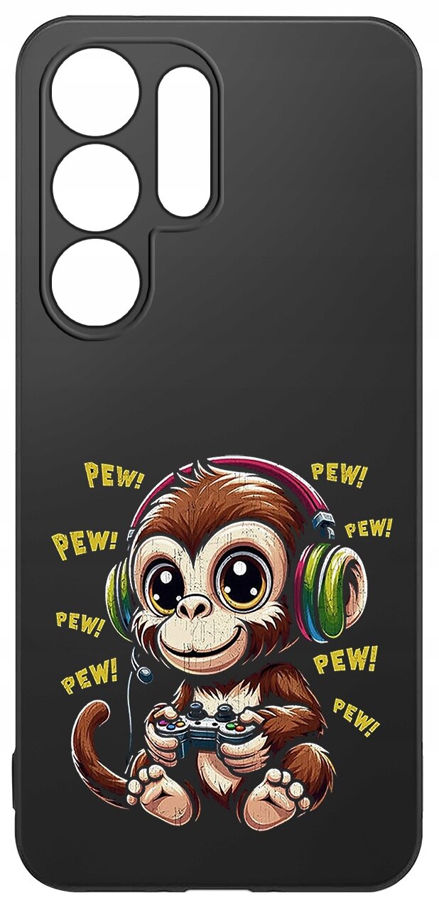 Czarne etui na telefon z nadrukiem małpki w słuchawkach trzymającej kontroler do gier. Wokół małpki widoczny jest tekst \'PEW! PEW!\'.