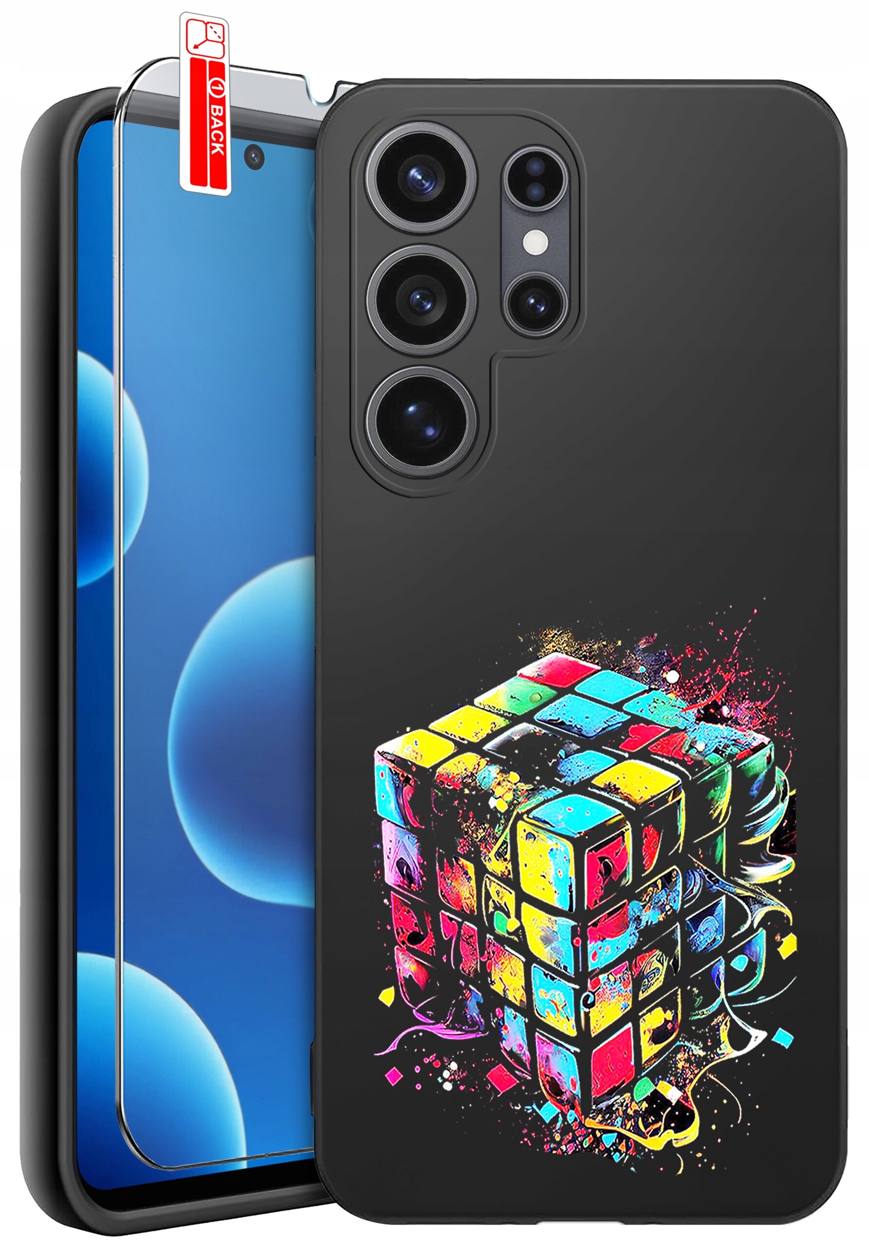 Etui na telefon z kolorowym wzorem przypominającym kostkę Rubika, obok znajduje się szkło ochronne z napisem \'BACK\'.