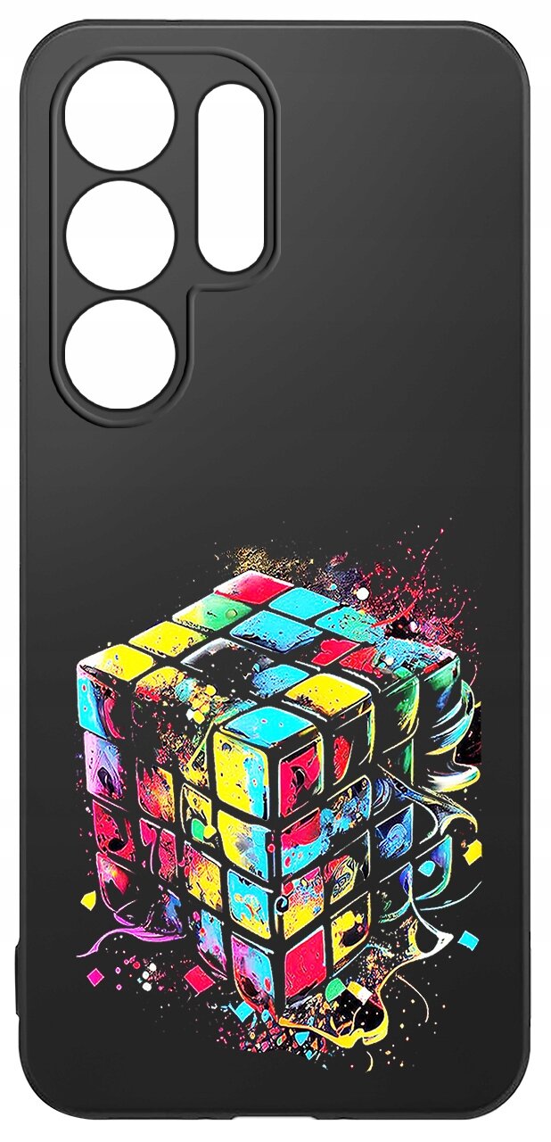 Czarne etui na telefon z kolorowym wzorem przypominającym kostkę Rubika, otoczoną dynamicznymi, kolorowymi plamami i liniami. Etui ma wycięcia na aparat i inne elementy telefonu.
