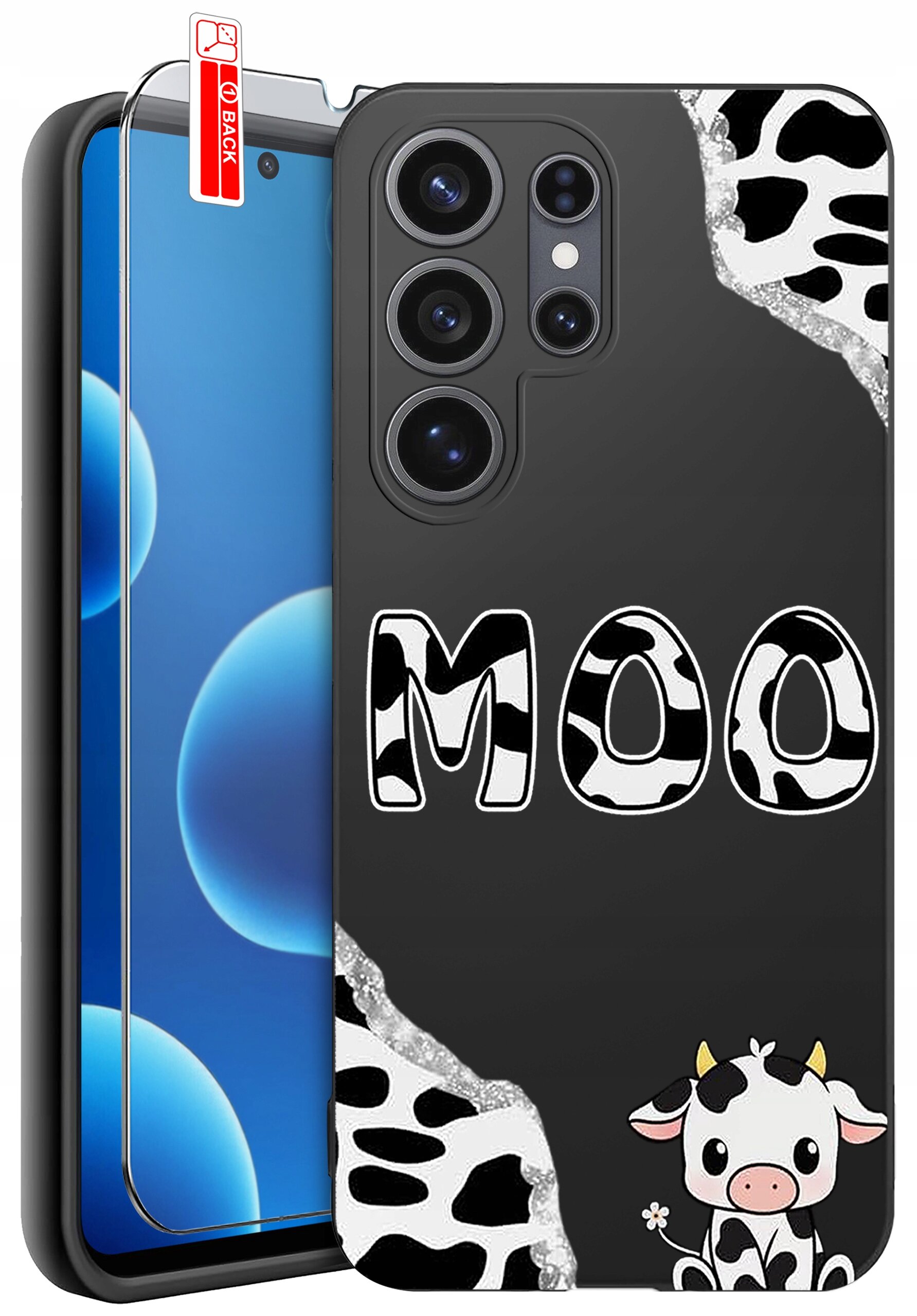 Etui na telefon z motywem krowy, z napisem \'MOO\' i grafiką małej krowy w dolnym rogu. Obok etui znajduje się szkło ochronne z oznaczeniem \'BACK\'.