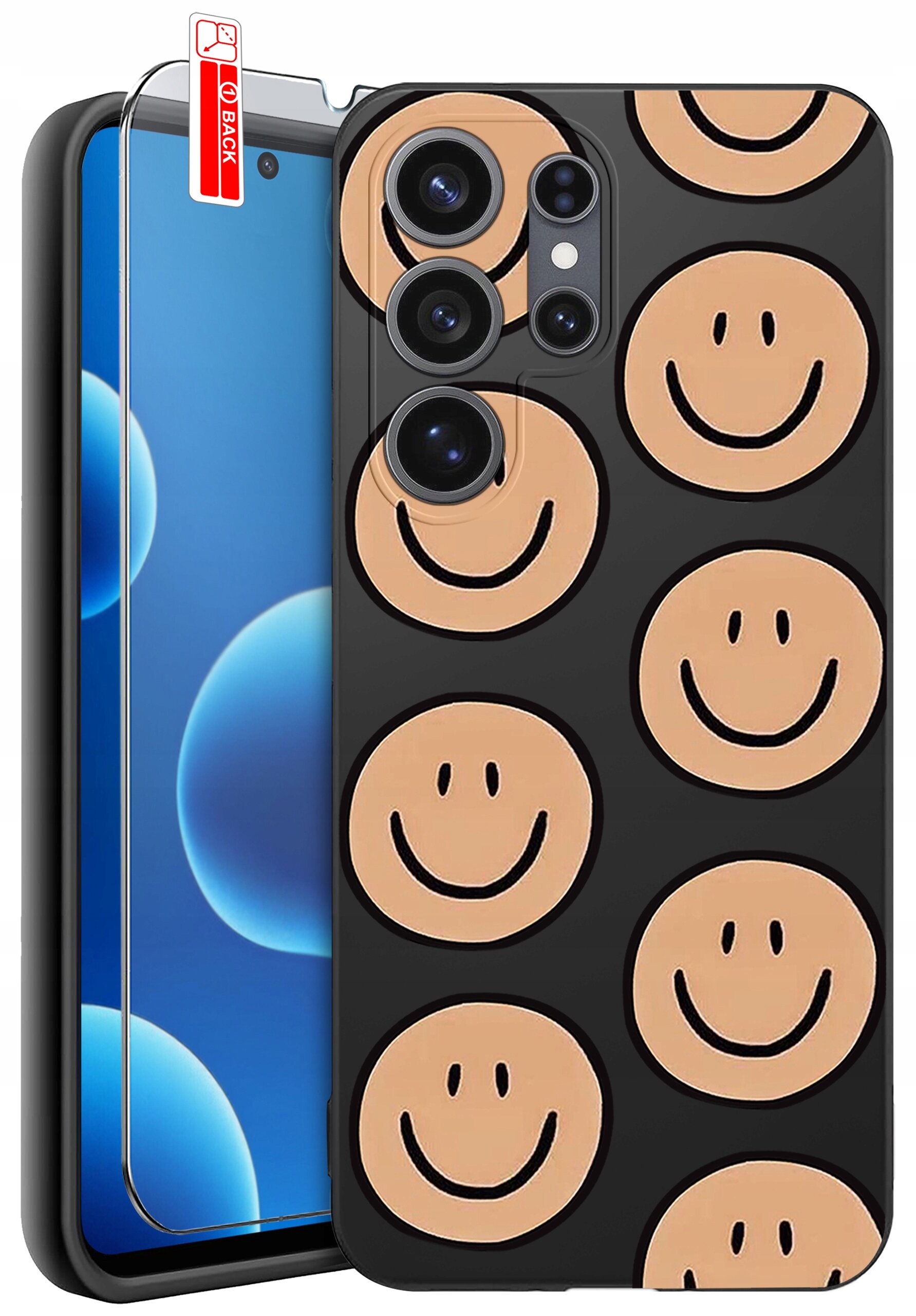 Etui na telefon z czarnym tłem i wzorem uśmiechniętych buziek w kolorze beżowym. Obok etui znajduje się szkło ochronne z etykietą \'BACK\'.