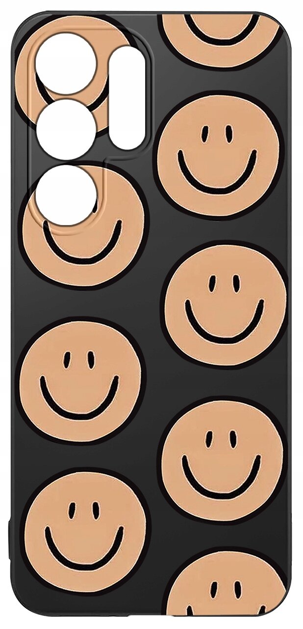 Czarne etui na telefon z wzorem beżowych uśmiechniętych buziek rozmieszczonych równomiernie na całej powierzchni.