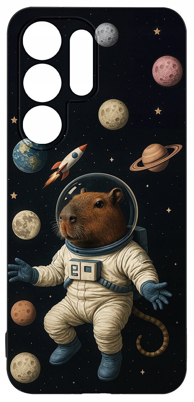 Etui na telefon z motywem kosmicznym, przedstawiające kapibarę w skafandrze astronauty otoczoną planetami i rakietą na tle gwiazd.