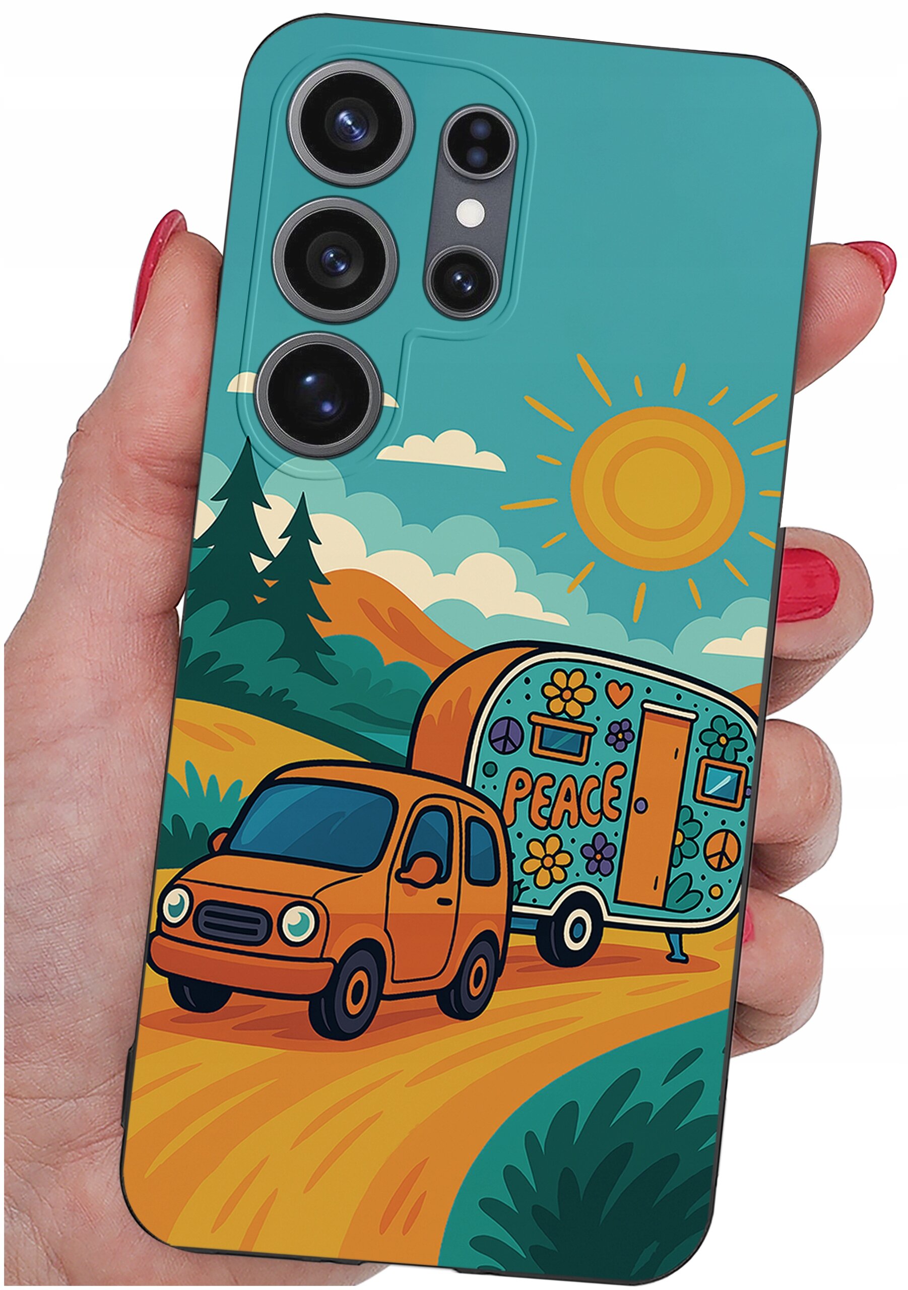 Etui na telefon z kolorowym wzorem przedstawiającym pomarańczowy samochód ciągnący przyczepę z napisem \'PEACE\' na tle krajobrazu z górami, drzewami i słońcem.