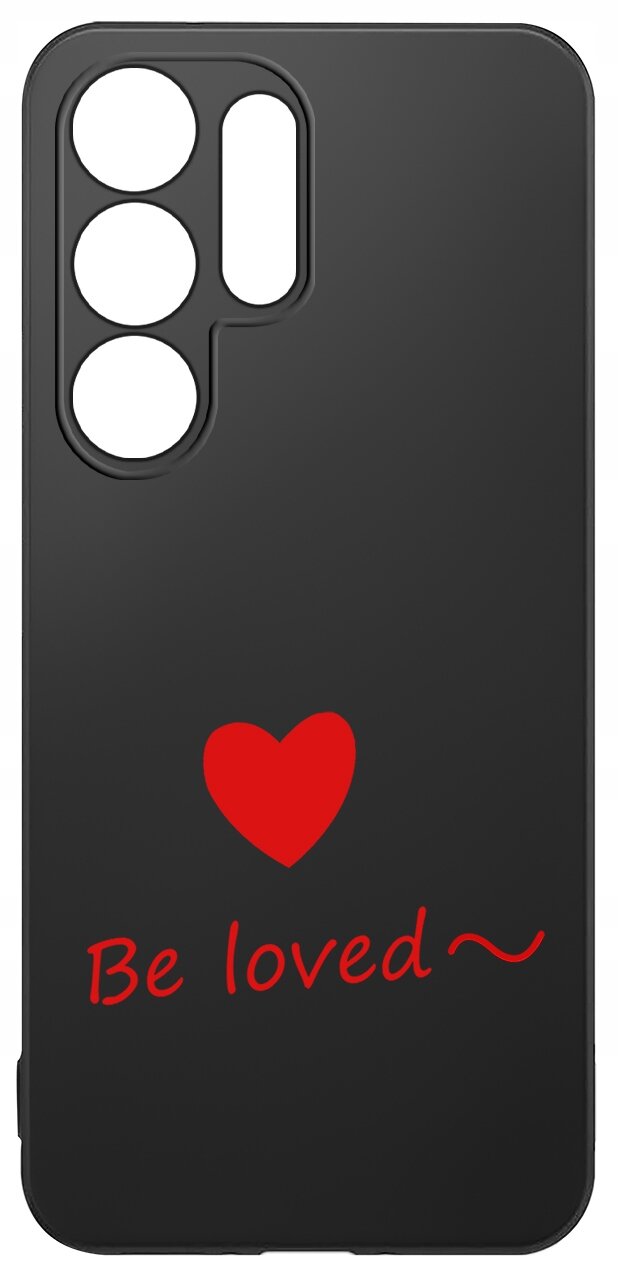 Czarne etui z wycięciami na aparat, ozdobione czerwonym sercem i napisem \'Be loved~\'.