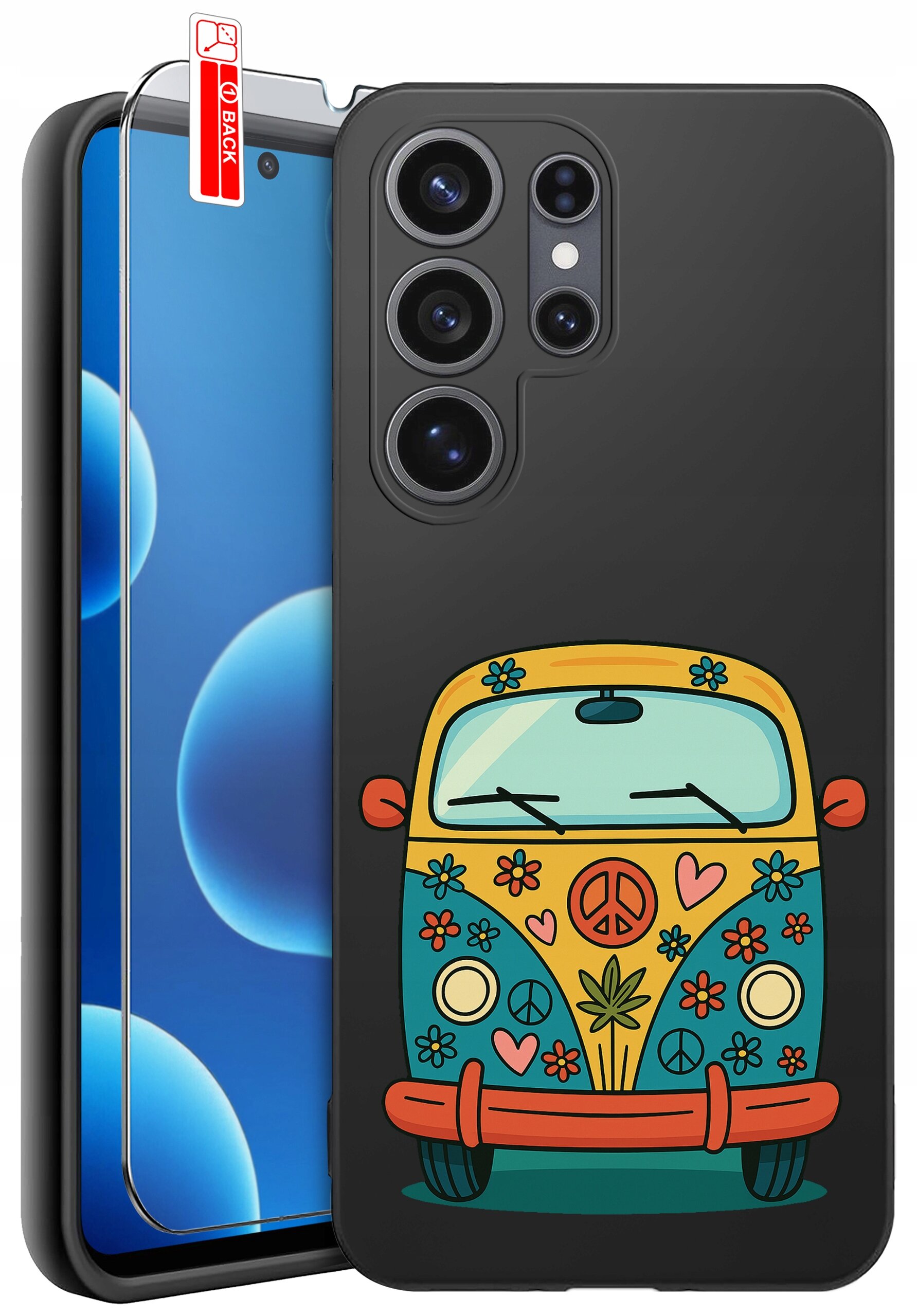 Etui na telefon z kolorowym wzorem przedstawiającym stylizowany samochód z motywami kwiatowymi i symbolem pokoju. Obok etui znajduje się szkło ochronne z oznaczeniem \'BACK\'.