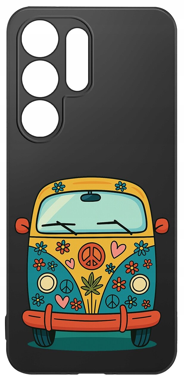 Czarne etui na telefon z kolorowym nadrukiem przedstawiającym stylizowany samochód ozdobiony kwiatami, sercami i symbolami pokoju.