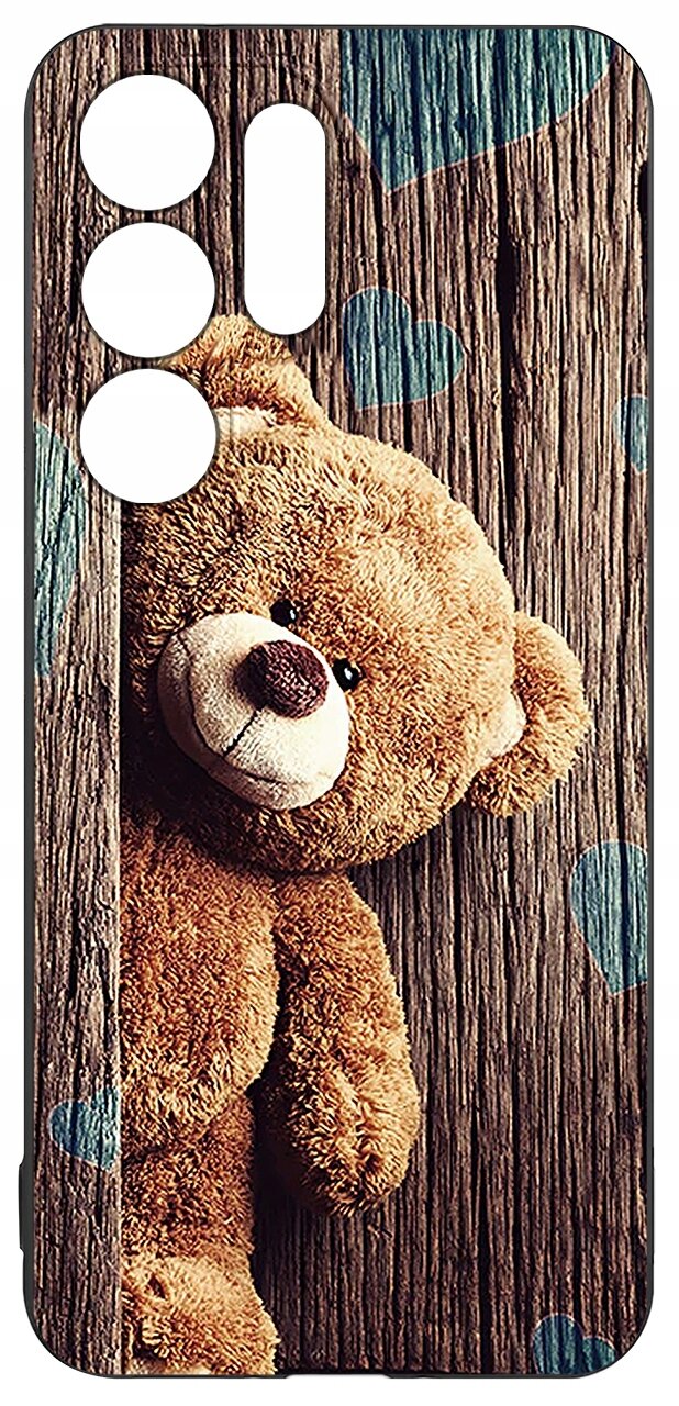 Etui na telefon z nadrukiem misia na tle drewnianej tekstury z niebieskimi sercami. Etui ma wycięcia na aparat i przyciski.