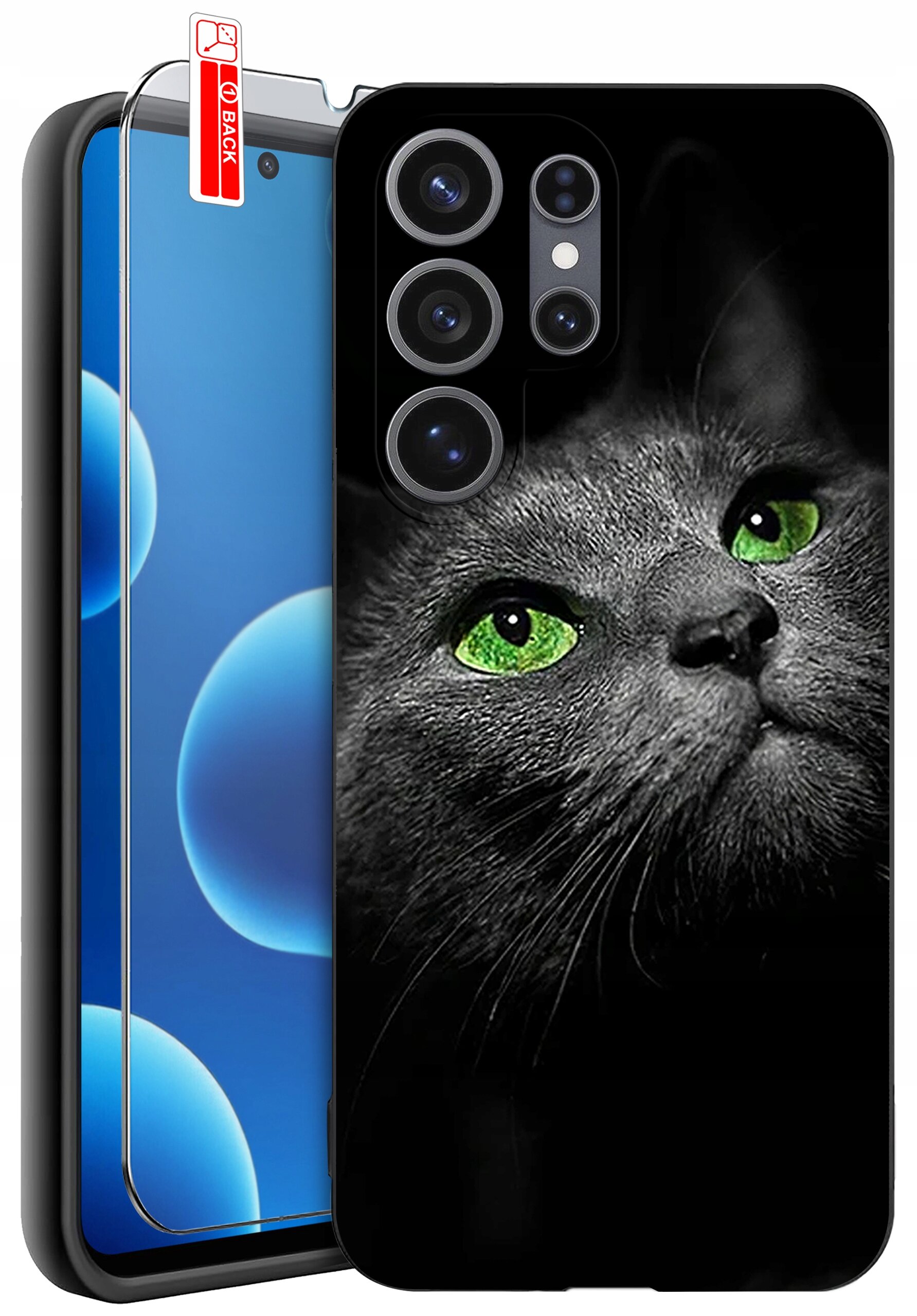 Obraz przedstawia etui na telefon z nadrukiem kota o zielonych oczach. Obok etui znajduje się szkło ochronne z napisem \'BACK\'.