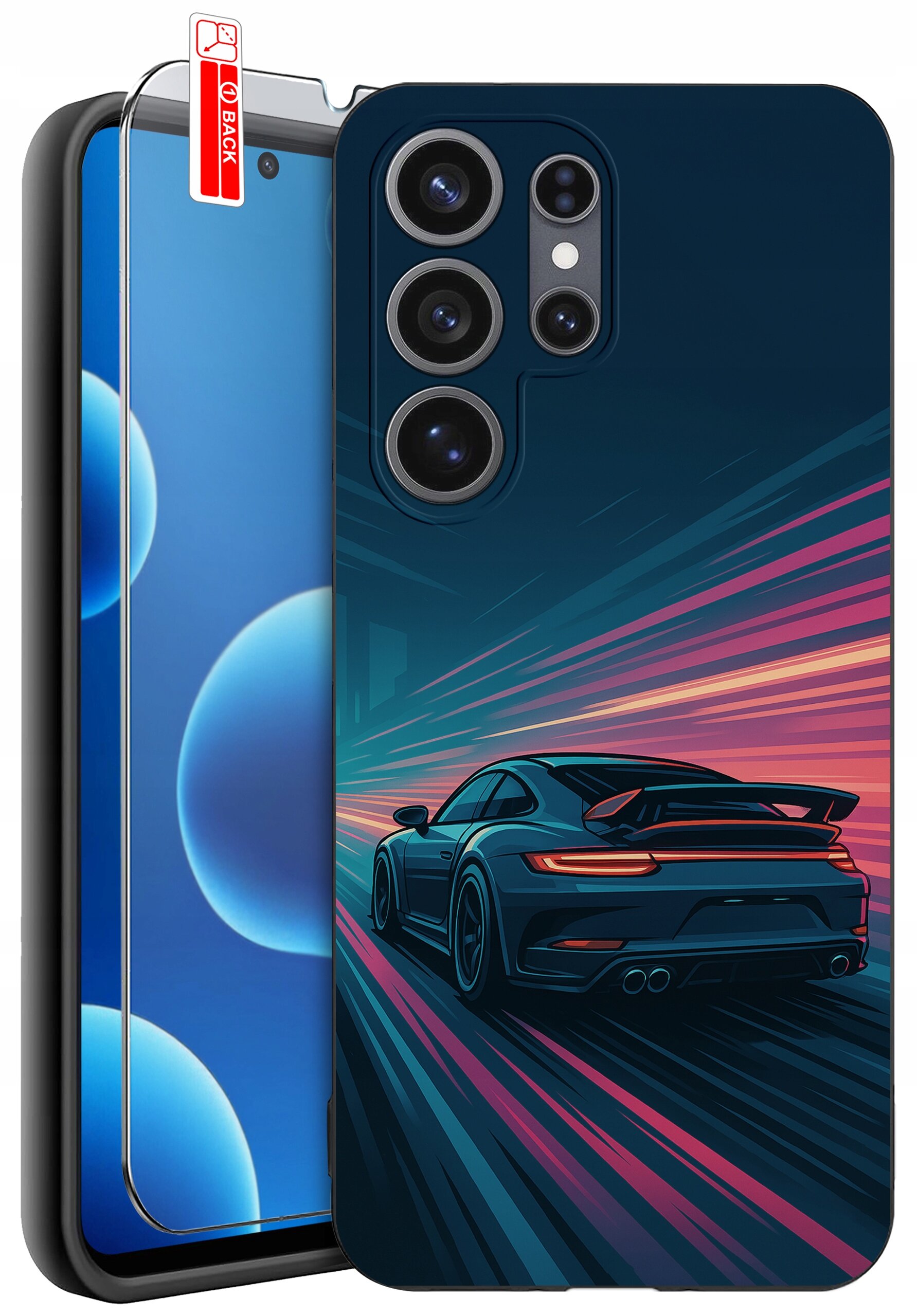 Etui na telefon z dynamicznym wzorem samochodu sportowego na tle kolorowych linii oraz szkło ochronne z oznaczeniem \'BACK\'.