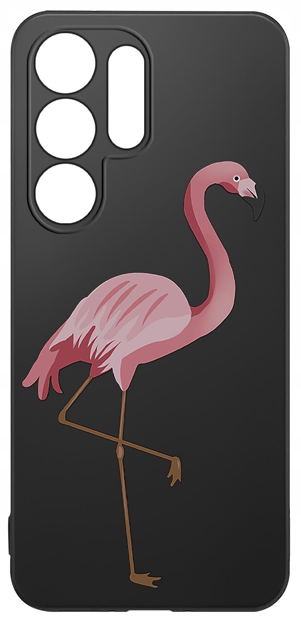 Czarne etui na telefon z nadrukiem różowego flaminga stojącego na jednej nodze. Etui ma wycięcia na aparat i przyciski.