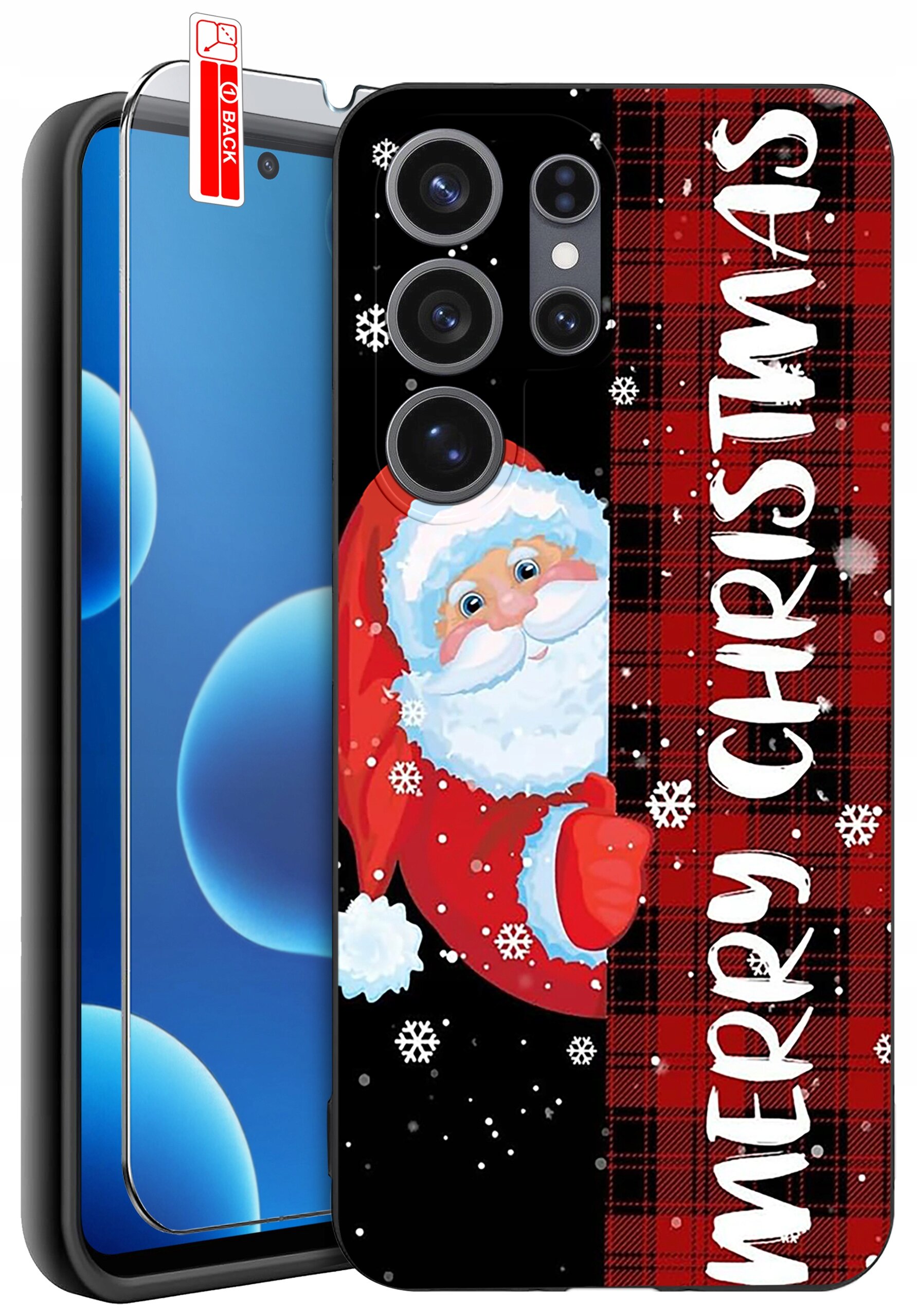 Etui na telefon z motywem świątecznym przedstawiające postać Mikołaja oraz napis \'MERRY CHRISTMAS\' na tle w kratkę. Obok etui znajduje się szkło ochronne z oznaczeniem \'BACK\'.