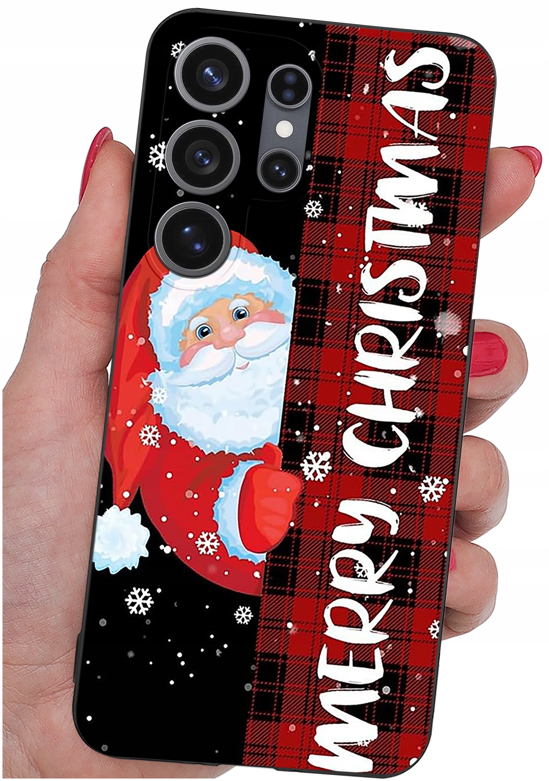 Etui na telefon z motywem świątecznym przedstawiające Mikołaja na tle czerwono-czarnej kratki z napisem \'MERRY CHRISTMAS\'.