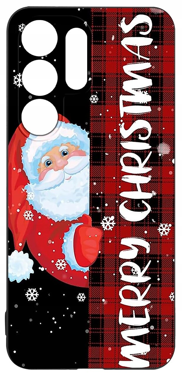 Etui na telefon z motywem świątecznym przedstawiające postać Świętego Mikołaja na tle czerwonej kratki. Obok znajduje się napis \'MERRY CHRISTMAS\' oraz białe płatki śniegu.