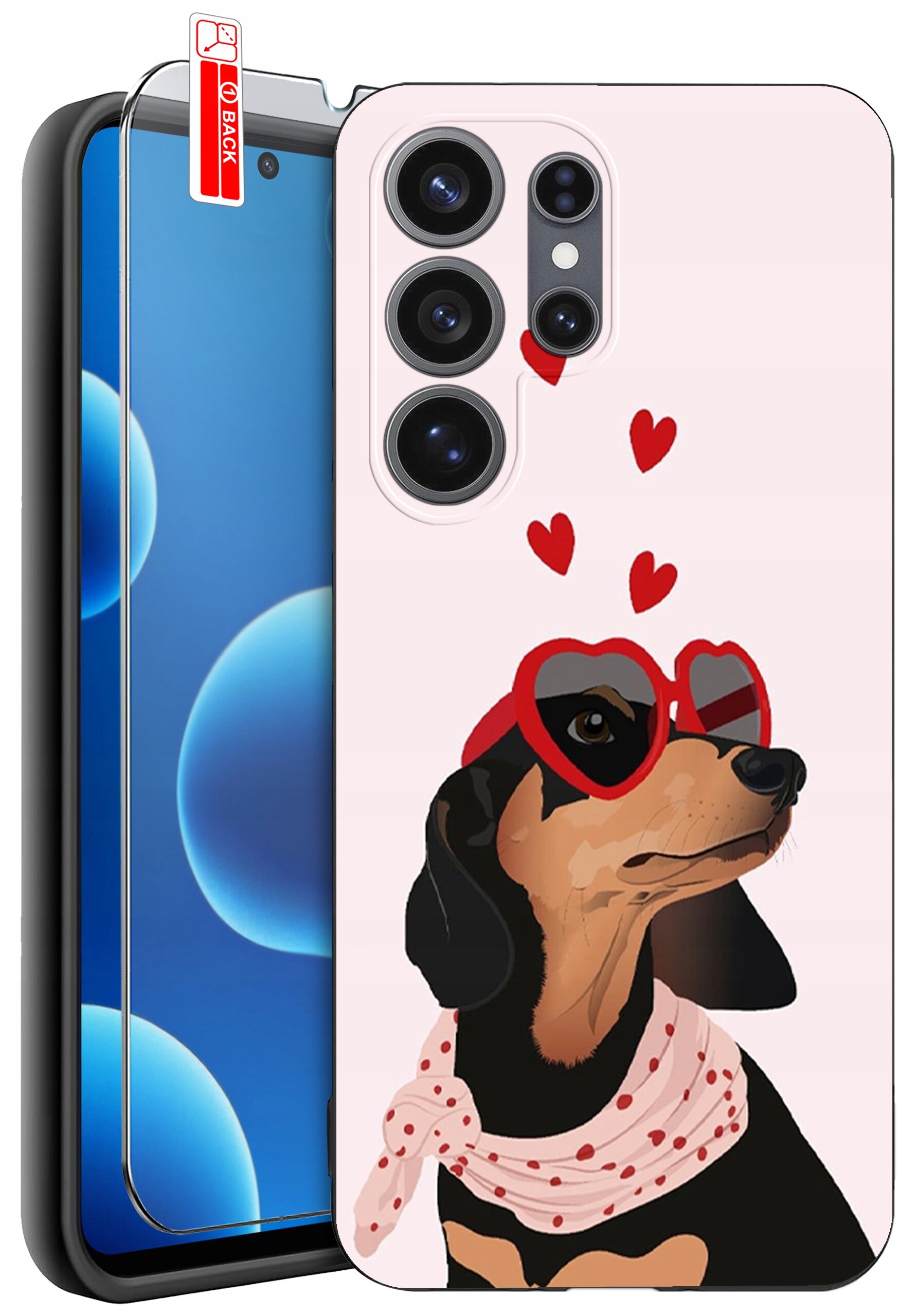 Etui na telefon z grafiką psa w czerwonych okularach w kształcie serc i szaliku w kropki, z trzema czerwonymi sercami nad głową. Obok widoczne jest szkło ochronne z napisem \'BACK\'.