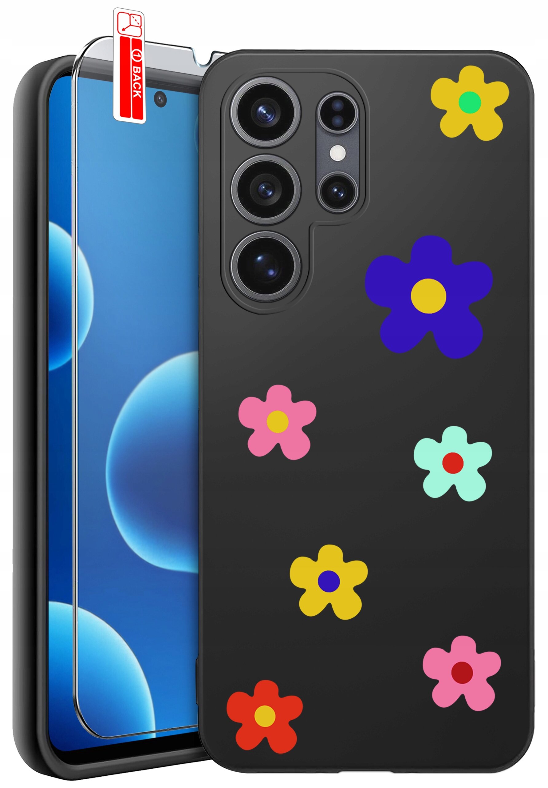 Czarne etui na telefon z kolorowymi kwiatowymi wzorami oraz szkło ochronne z oznaczeniem \'BACK\'.