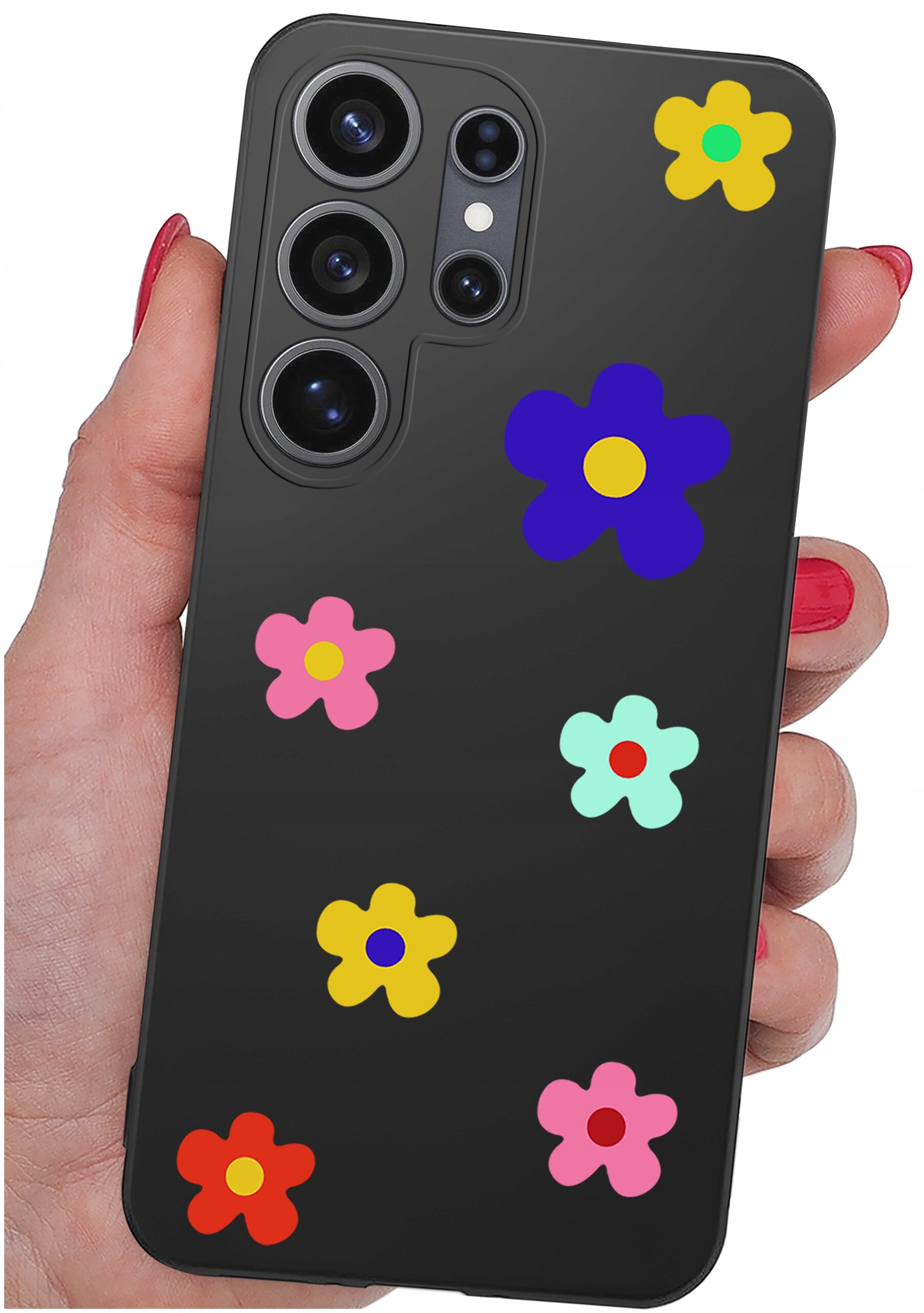 Czarny silikonowy etui na telefon z kolorowymi kwiatowymi wzorami w różnych kolorach, trzymane w dłoni. Etui posiada wycięcia na aparat z trzema obiektywami.