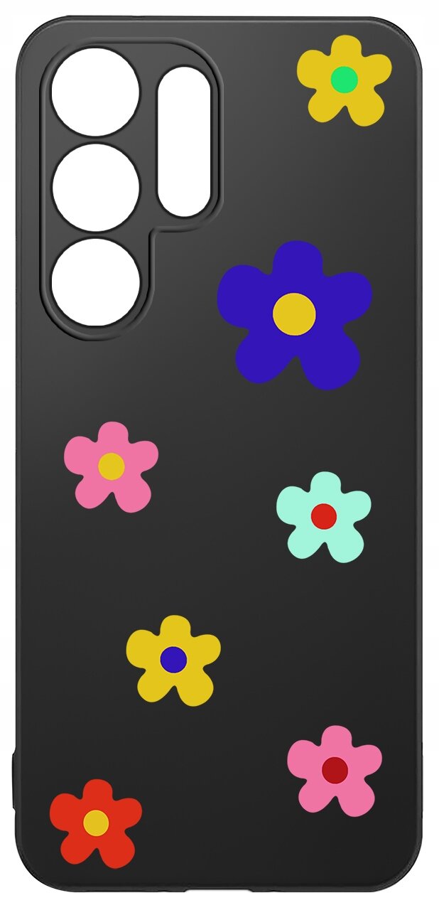 Czarne etui na telefon z kolorowymi kwiatowymi wzorami w różnych kolorach, w tym żółtym, różowym, niebieskim i czerwonym. Etui ma wycięcia na aparat i przyciski.