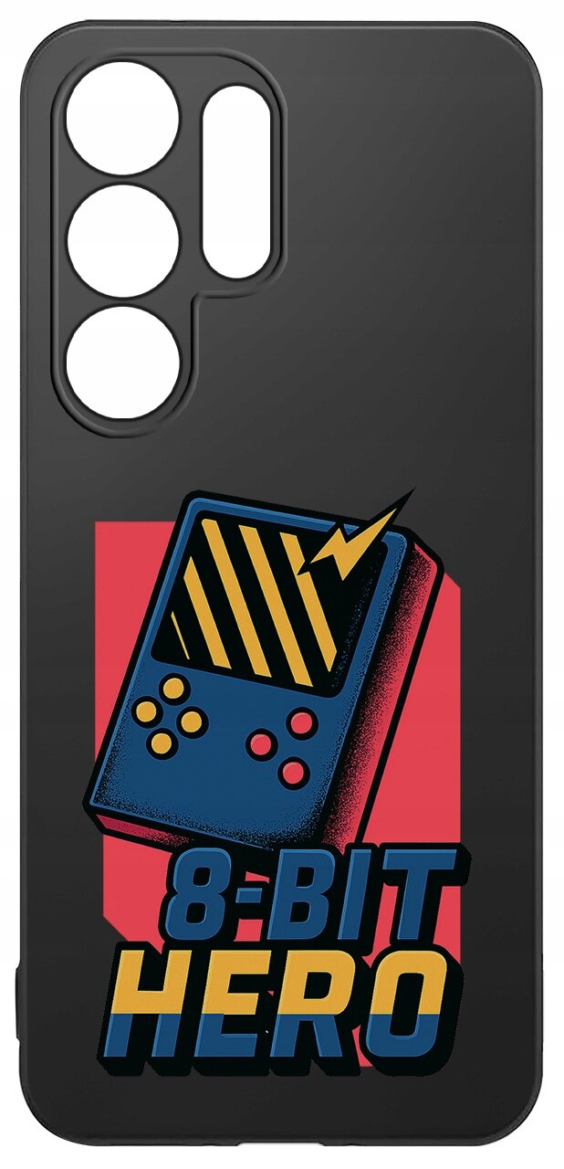 Czarne etui z grafiką przedstawiającą niebieską konsolę z żółtymi przyciskami i napisem \'8-BIT HERO\' na czerwonym tle.