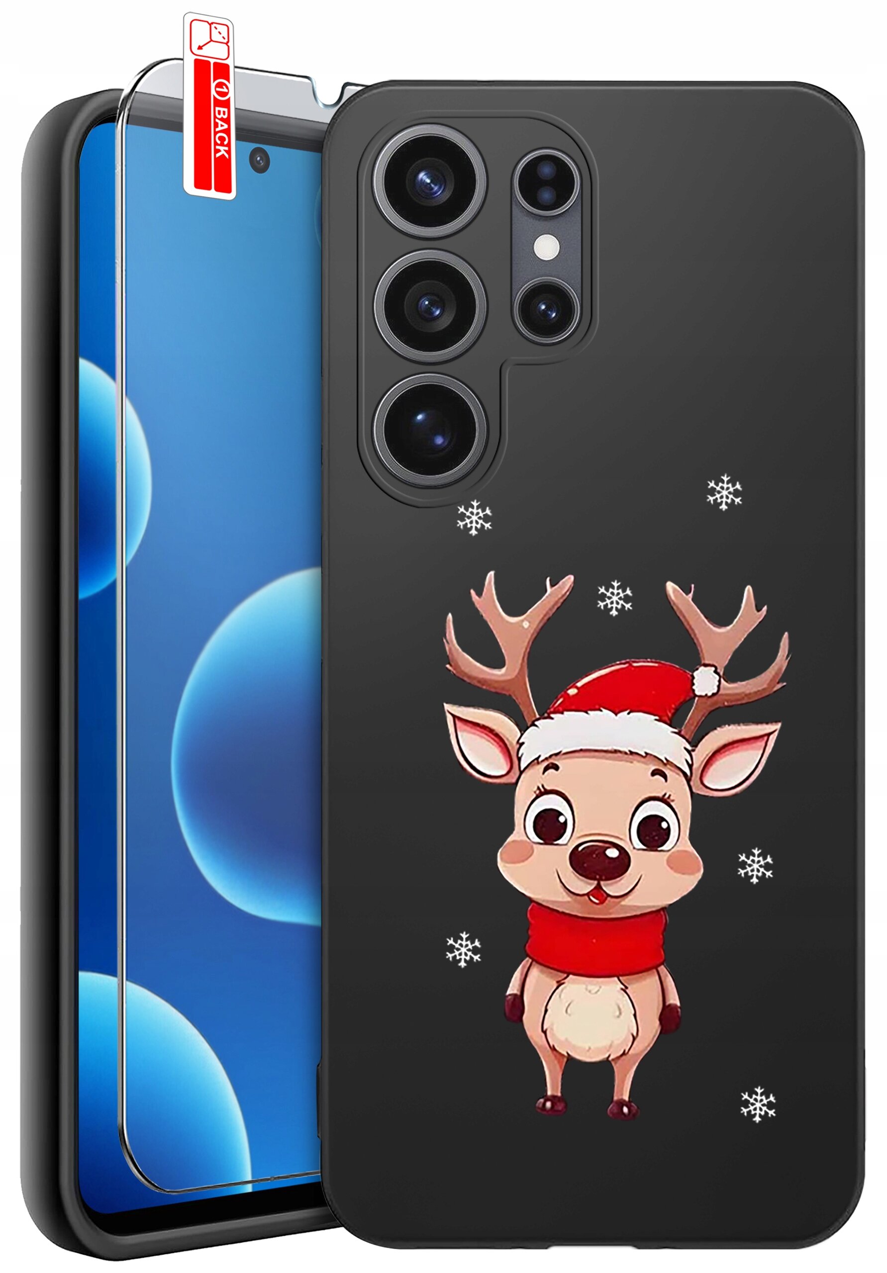 Etui na telefon z motywem renifera w czapce świątecznej i szaliku, otoczonego płatkami śniegu. Obok znajduje się szkło ochronne z oznaczeniem \'BACK\'.